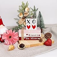 Vista 6 de Decoración del día de San Valentín, pila de libros de madera con 4 letreros XOXO, decoraciones del día de San Valentín para el hogar, bandeja