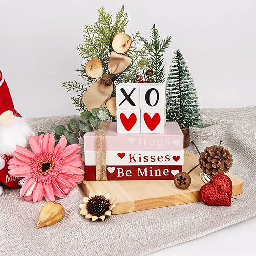 Miniatura 6 de Decoración del día de San Valentín, pila de libros de madera con 4 letreros XOXO, decoraciones del día de San Valentín para el hogar, bandeja