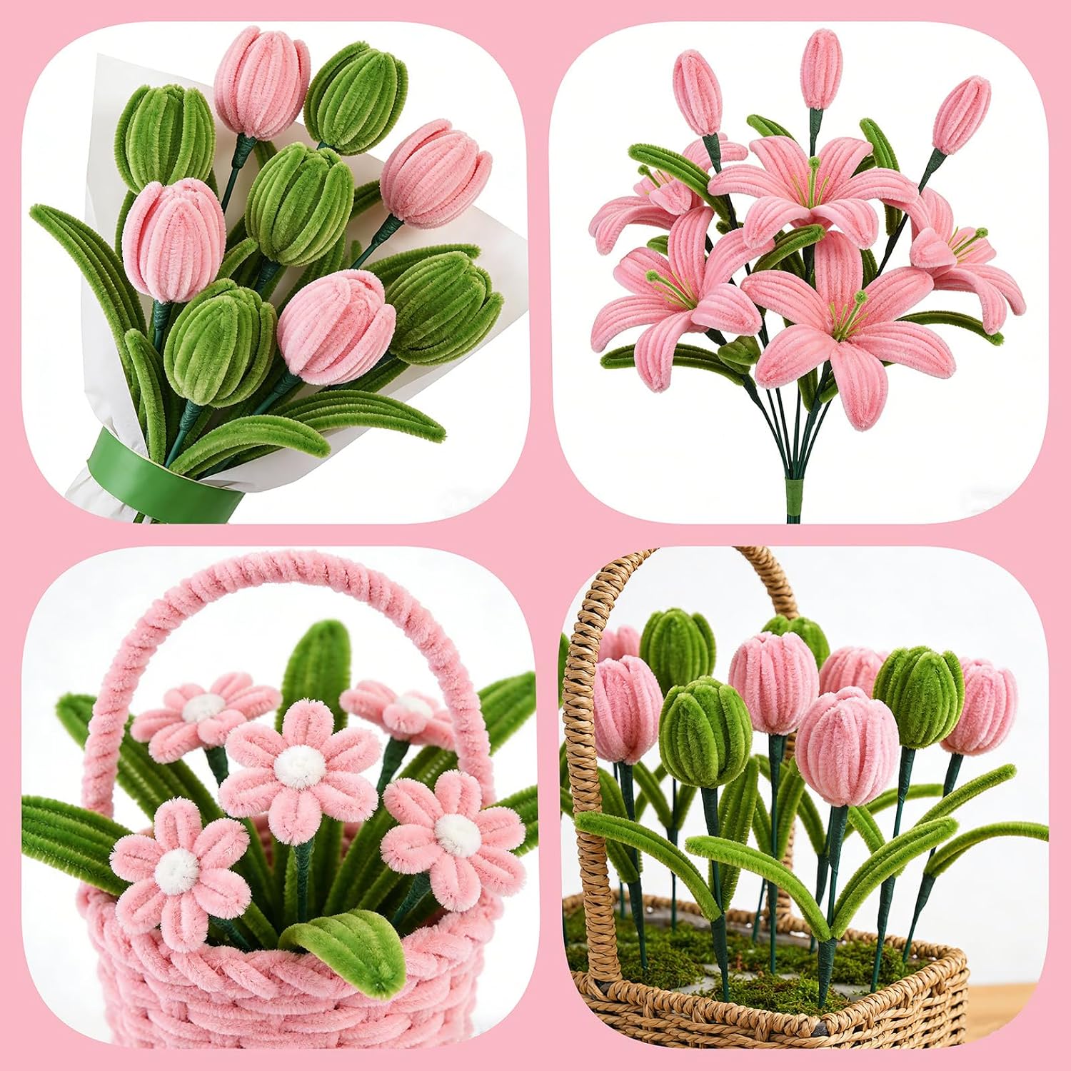 Qirimoi Pink Pipe Cleaners Flowers kit, Pipe Cleaner Flower Set Pipecleaners for Craft with Floral Wires and Floral Tape (150Pcs,Pink+Green)
