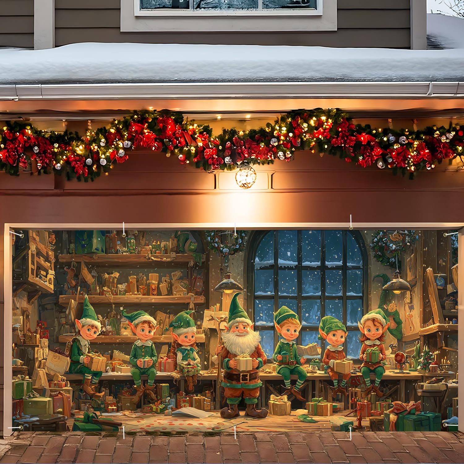 Bannière porte de garage Noël grand format 2,1x4,9m décorations bonhomme de neige et Père Noël