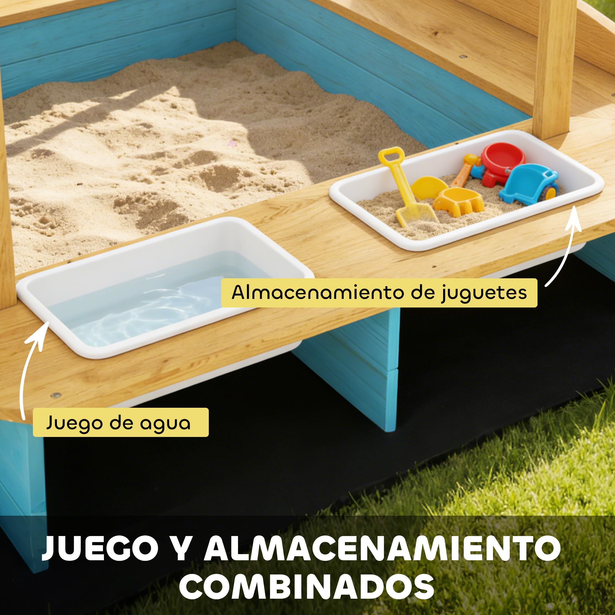 AIYAPLAY Arenero para Niños de Madera con Techo, Arenero Infantil con 3 Bancos, 2 Cajas de PP, Forro, Caja de Arena para Niños de 3-6 Años, para Patio, Jardín, Balcón, 128x118x121 cm, Azul