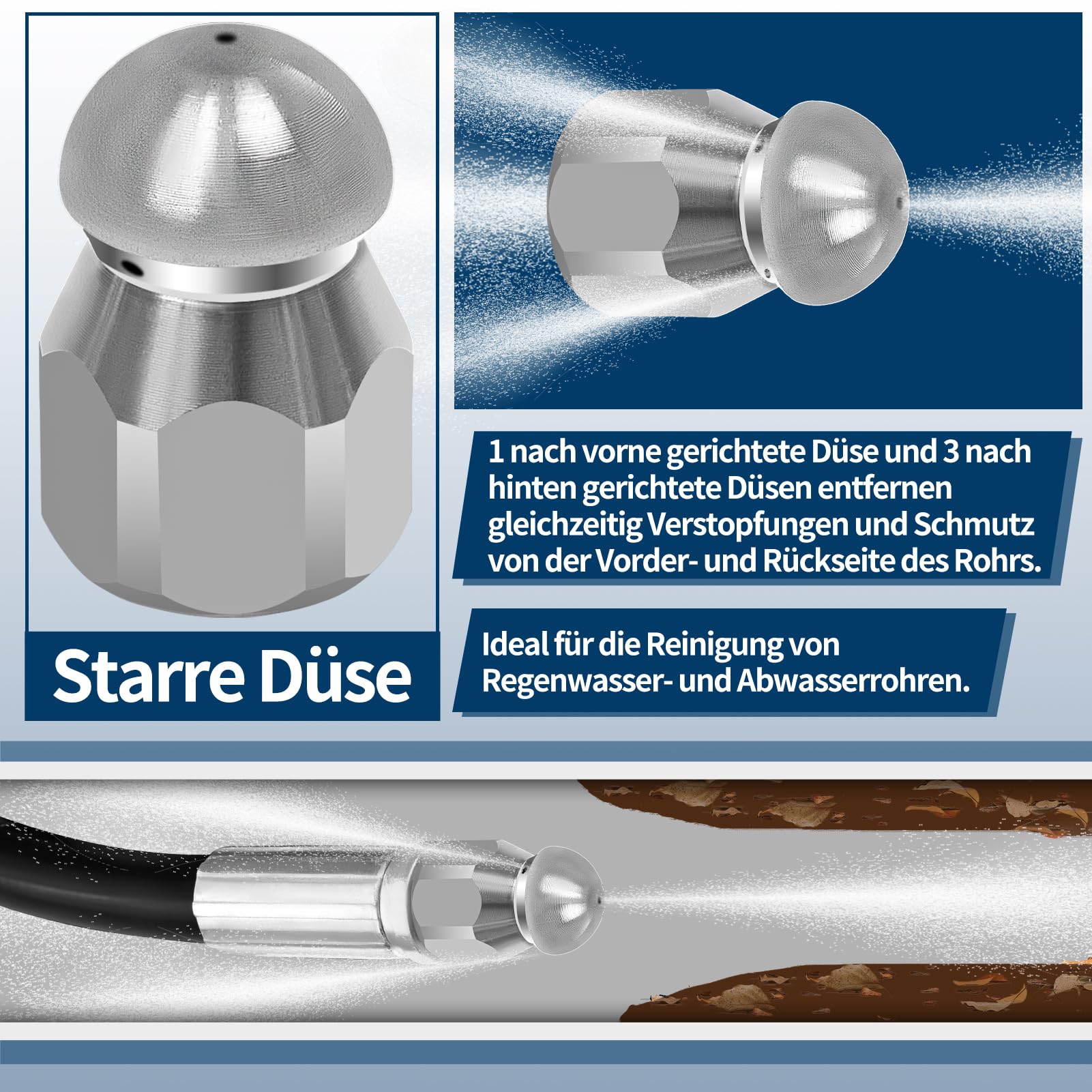 15M Rohrreinigungsschlauch Set,180Bar 60°C,inkl.Düsen starr + rotierend,1 Adapter kompatibel mit K2 K3 K4 K5 K6 K7 Hochdruckreiniger Universal Rohrreinigungsset