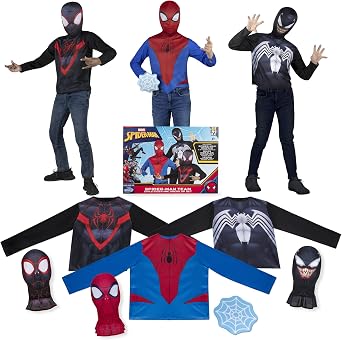 Marvel Spider-Man Team Halloween Costume Dress Up Box - Medium-Size Long-Sleeved Tops and Fabric Masks for Spider-Man, Miles Morales, and Venom - Size M 8-10