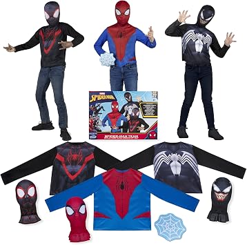 Marvel Spider-Man Team Halloween Costume Dress Up Box - Medium-Size Long-Sleeved Tops and Fabric Masks for Spider-Man, Miles Morales, and Venom - Size M 8-10