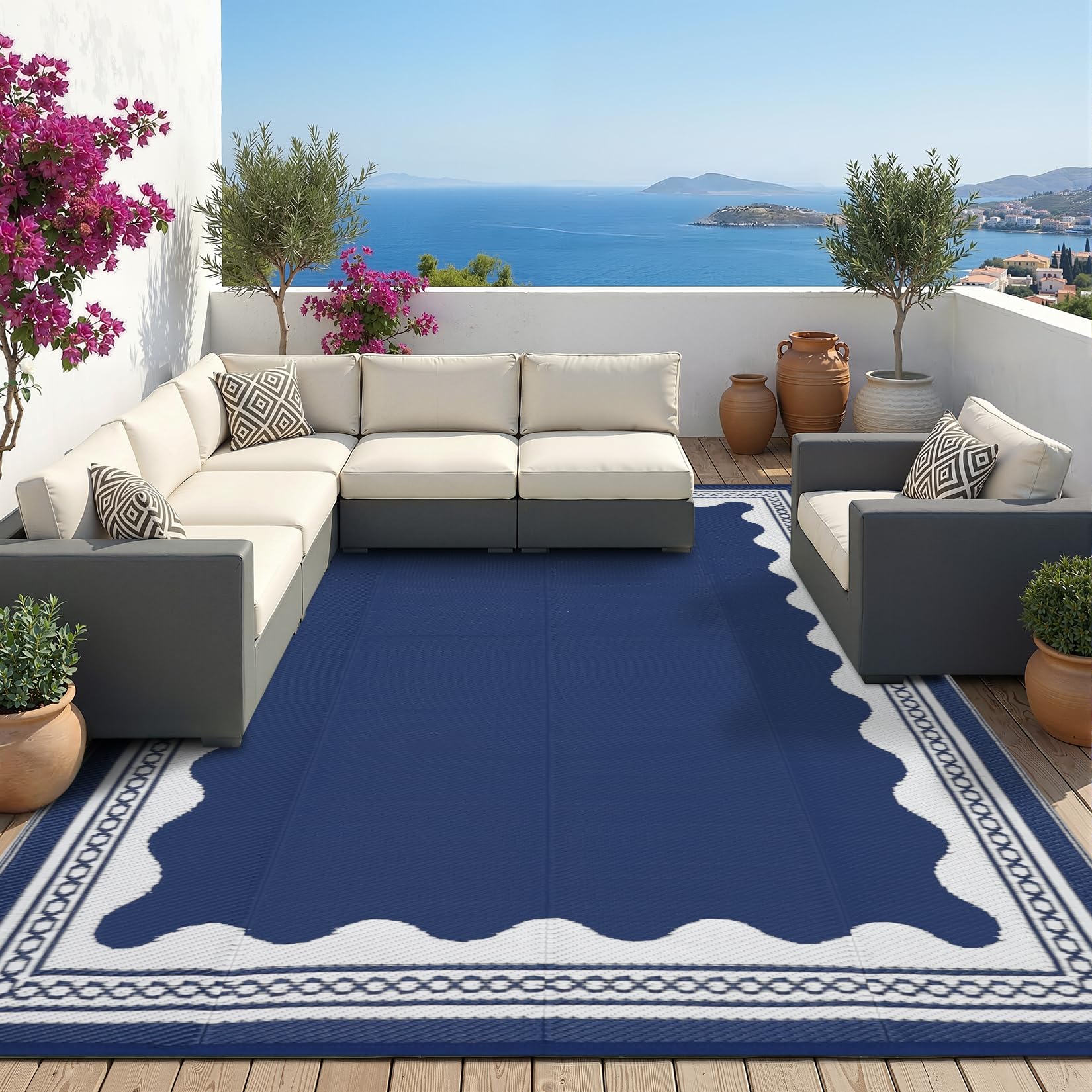 Garvee Outdoor Rug 8x10 Scalloped Waterproof Patio RV Outdoor Rugs Reversible Foldable Plastic Straw Rug Modern Camping Carpet for Deck Camper Porch