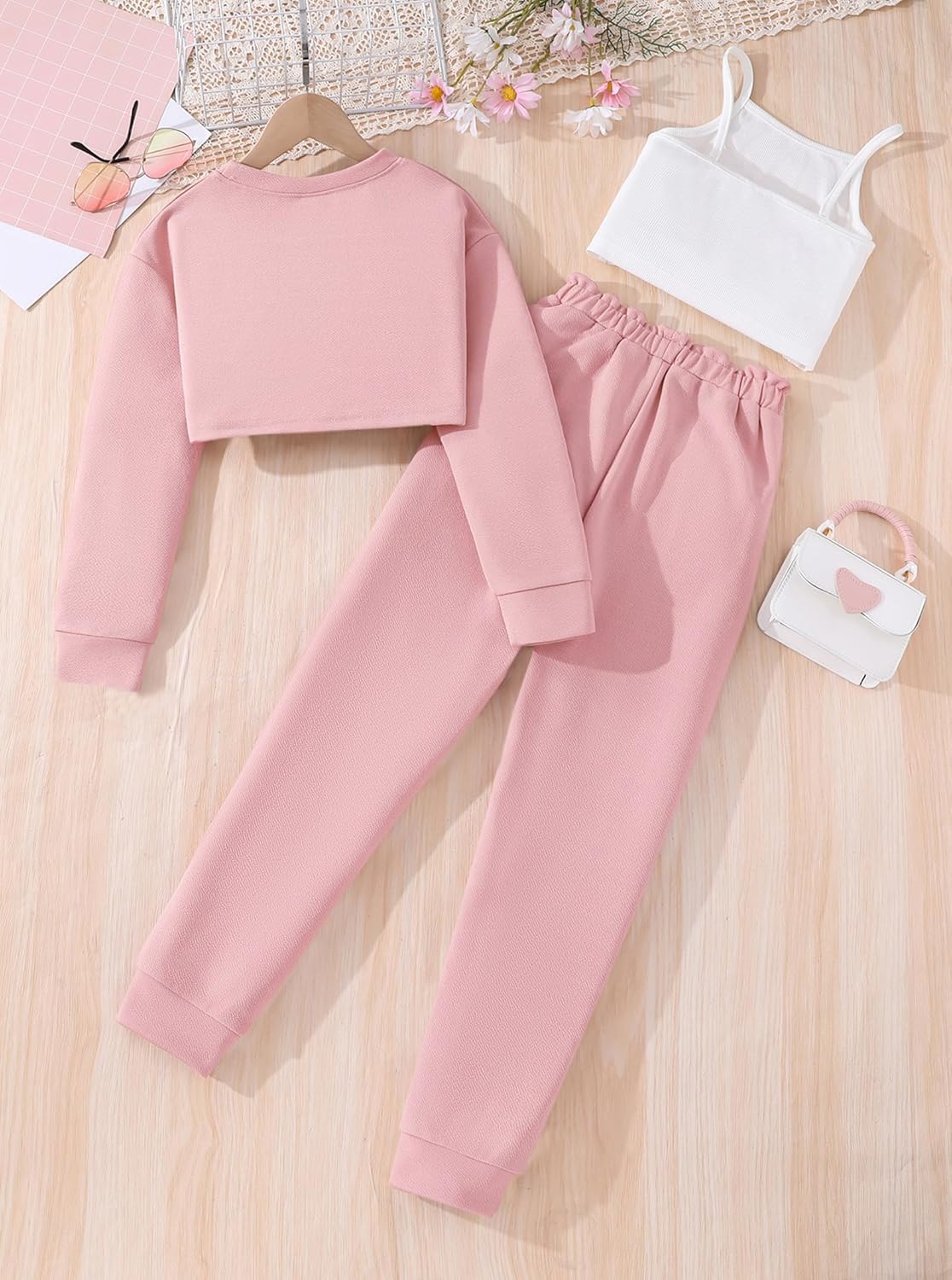 Hilinker Girls Long Sleeve 3 Piece Outfits Graphic Crop Tee and Cami Top with Pants Set
