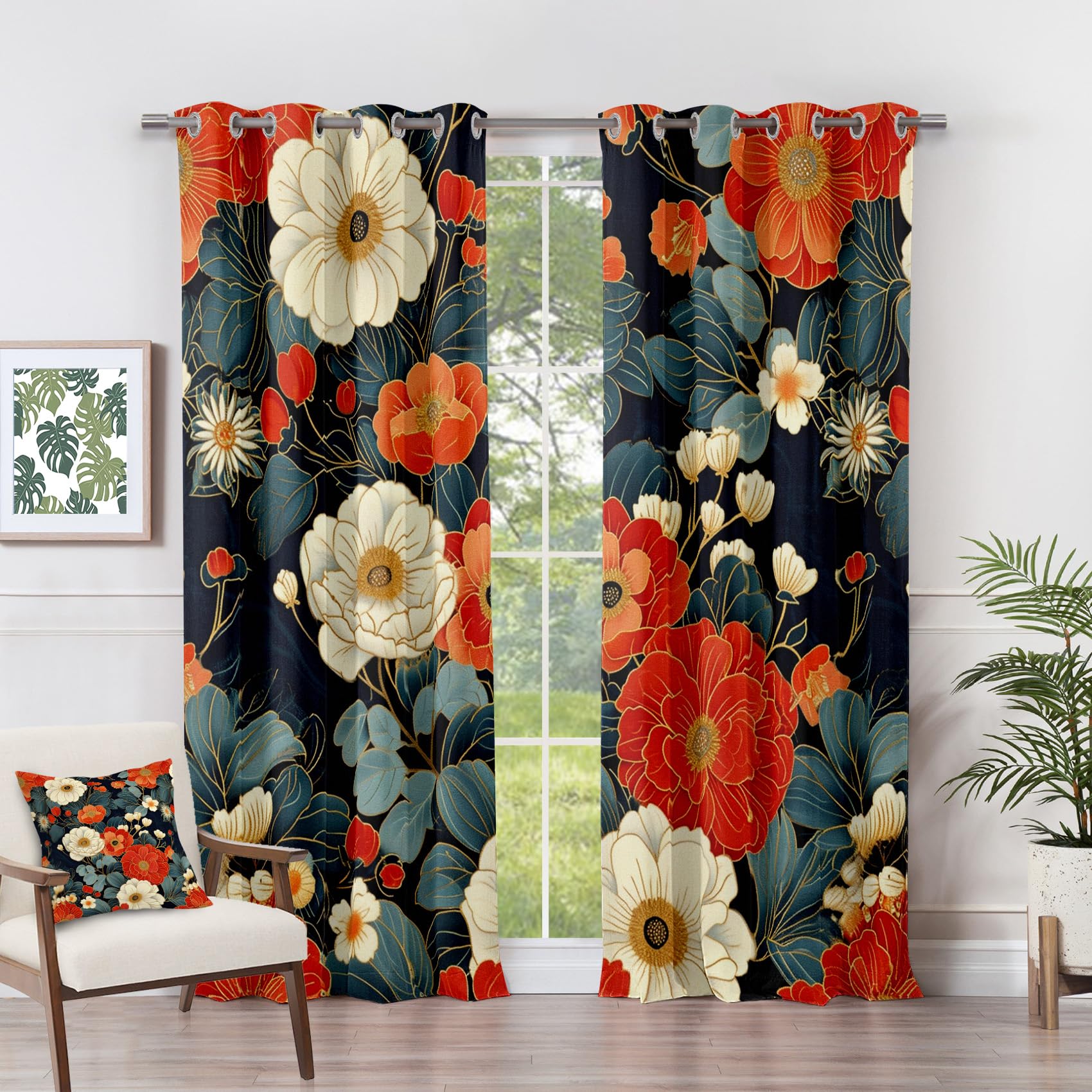 Floral Curtains for Bedroom Eyelet - Floral Curtains - Vintage Flower Botanical Ornate Blackout Curtains 66 x 72 Inch (Width x Drop) 2 Panels, Elegant Garden Eyelet Curtains & Drapes