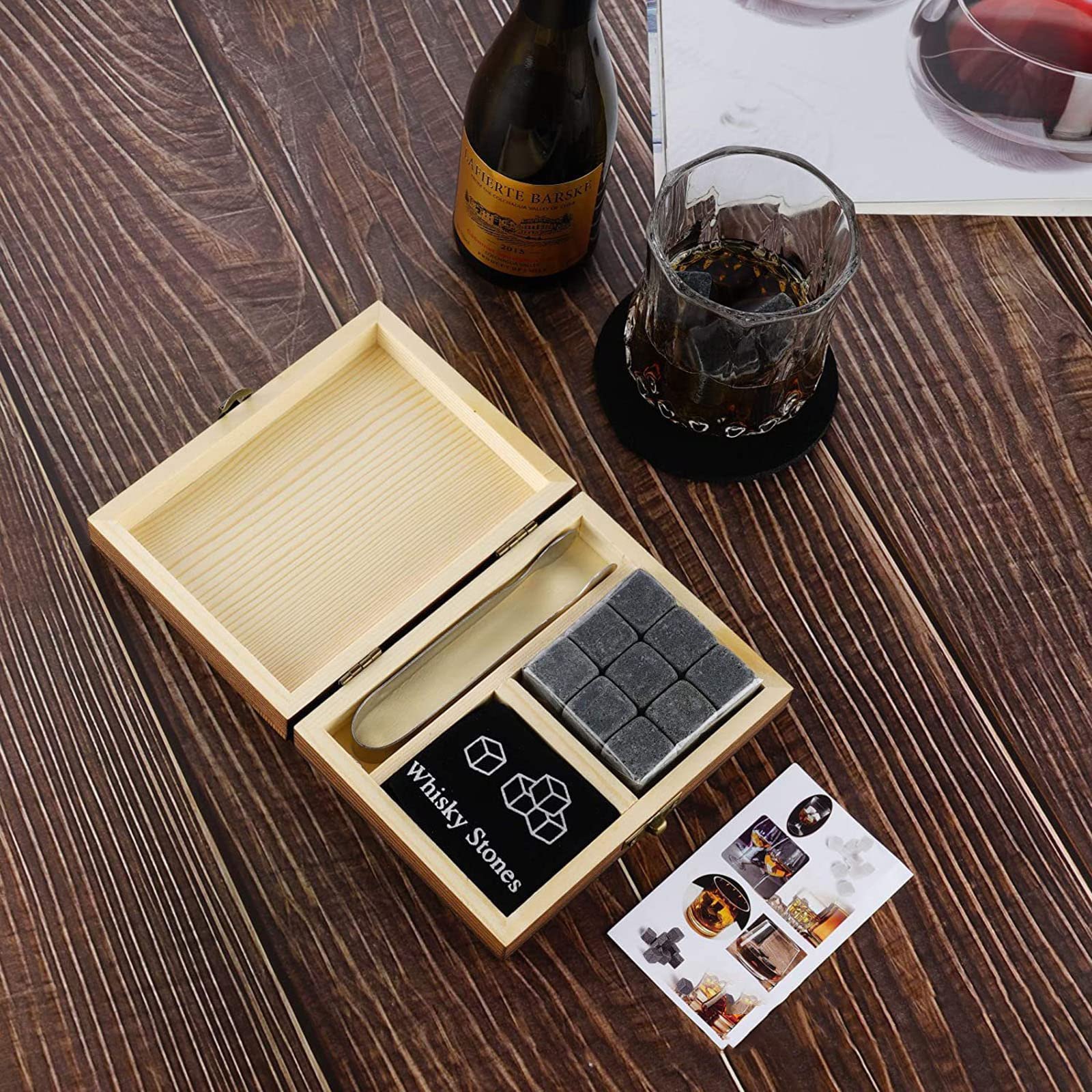 LEEGOHI Set Regalo Per Papà Con Pietre Refrigeranti Per Whisky | 4 Cubotti In Granito + Bicchiere E Pinze In Scatola Legno