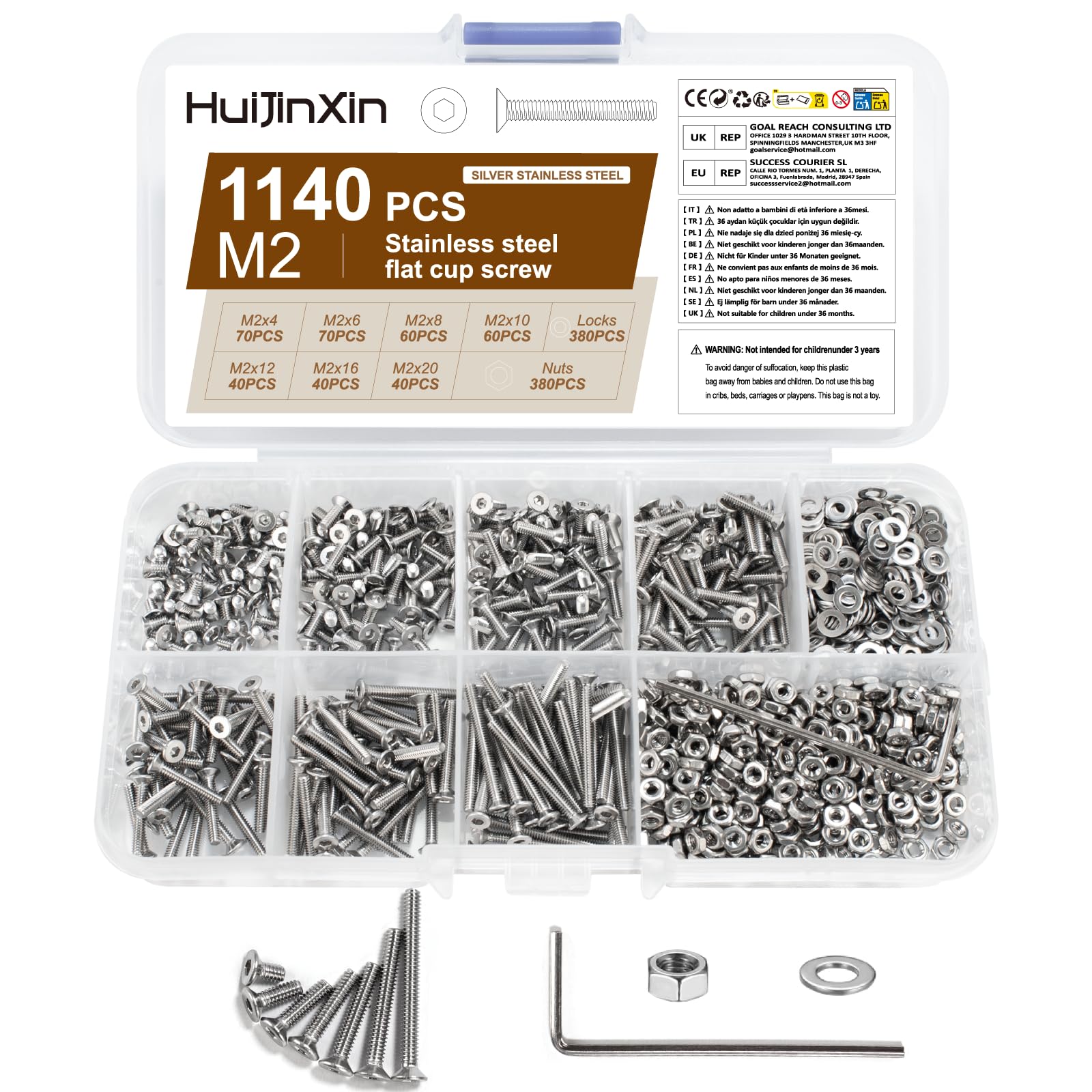 1140 Pcs M2 Screws Set, Countersunk Bolts and Nuts Set, Stainless Steel Countersunk Flat Head Screws Nuts and Bolts Assortment with Washers, Flat Hex Socket Head Cap Screwsset (M2, Flat head hexagon)