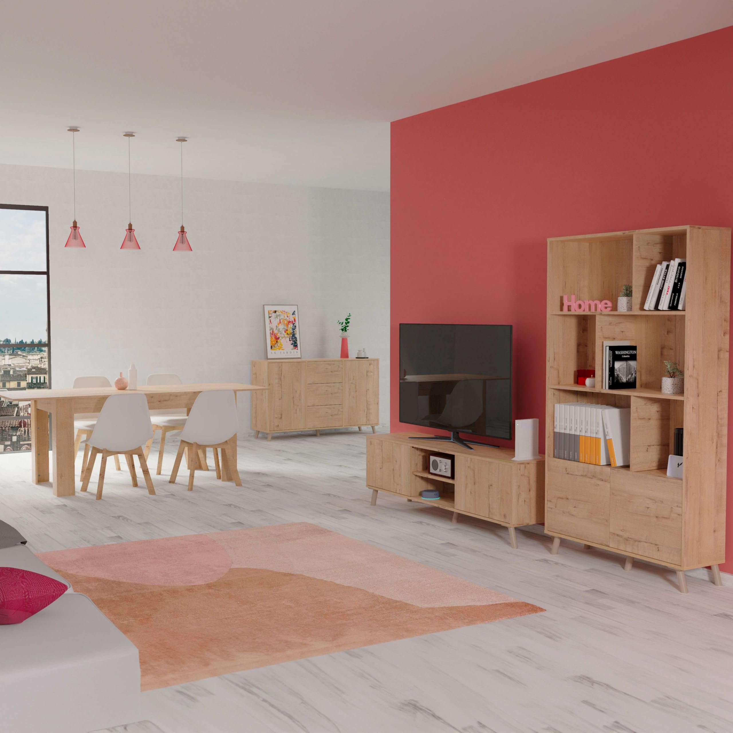 Muebles Pitarch | Aparador salone da pranzo, buffet, mobile ausiliario, 2 ante e 3 cassetti, rovere gold, 89x140x40 cm, dispensa, cucina, ufficio, moderno nordico, modello Oslo