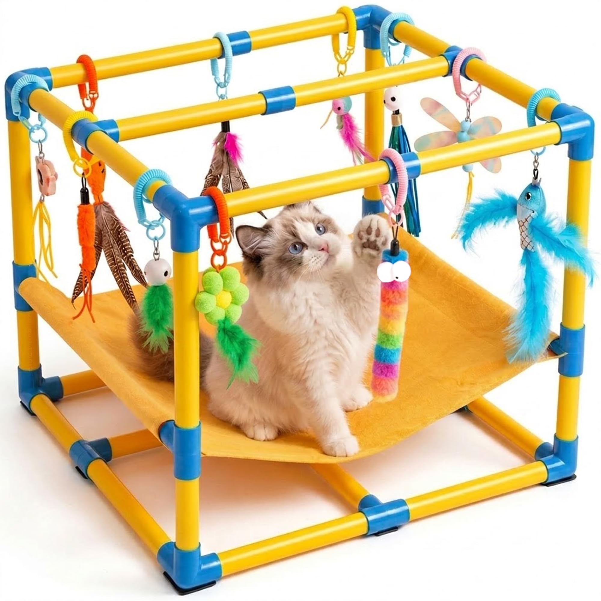 Gimnasio para Gatos con 10 Juguetes Interactivos Colgantes y Hamaca Cómoda | Centro de Actividades para Gatos de Interior, Estructura de PVC, 10 Cuerdas de Resorte, Parque de Juegos para Gatitos y Gatos