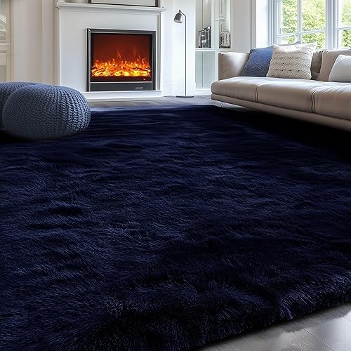 PAGISOFE Dark Navy Blue Rugs for Living Room 5x7 Ft, Plush Area Rugs for Bedroom, Non-Shedding, Indoor Furry Floor Rugs for Nursery Playroom, Shag Carpet for Kids Room Decor Aesthetic, Dark Blue