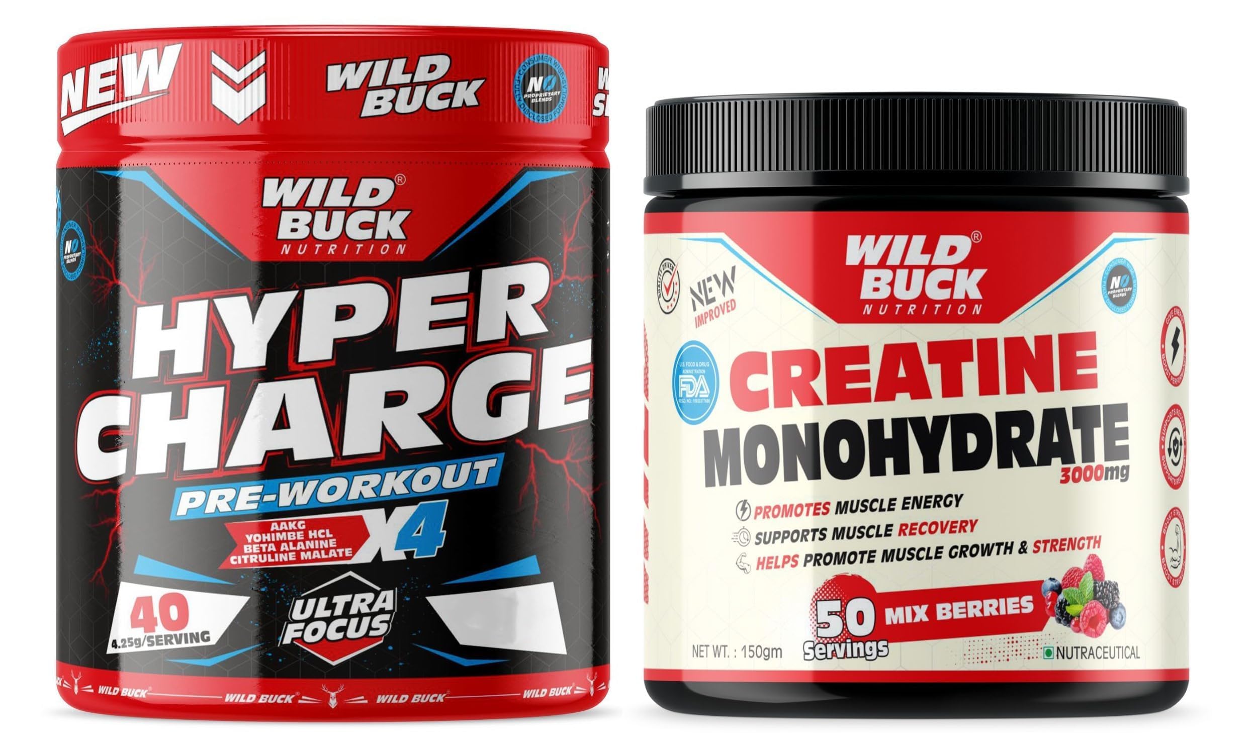 WILD BUCK Hyper Charge Pre-X4 Hardcore Pre-Workout Supplement Powder with Creatine Monohydrate, Arginine AAKG, Beta-Alanine, Caffeinated Punch-For Men & Women [40 Serving, Cranberry Blast] + WILD BUCK Creatine Monohydrate Powder, Strength, Reduce Fatigue, 100% Pure Creatine, Lean Muscle Building, Supports Muscle Growth, Athletic Performance, Recovery [50 Servings, Mix Berries]