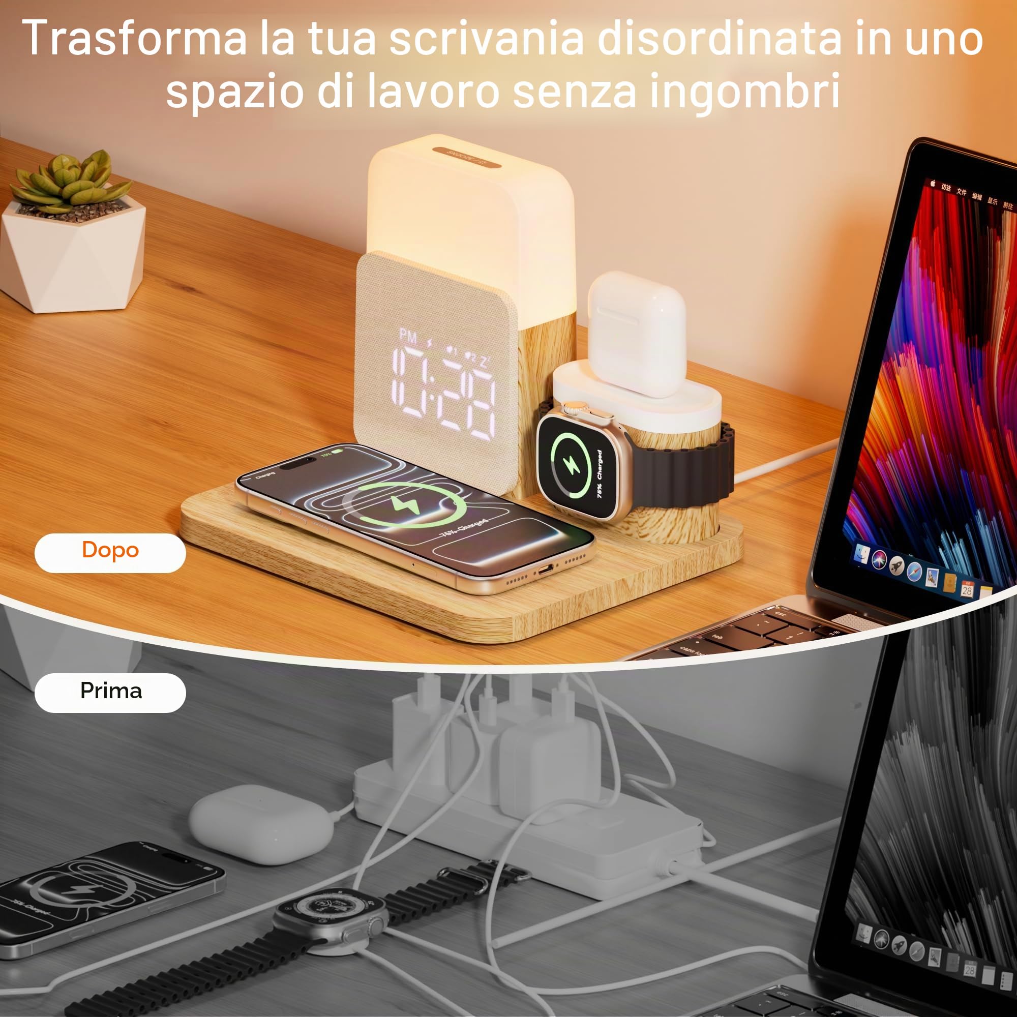 5 in 1 Caricatore Wireless per i-phone, Stazione di Ricarica con Sveglia | Caricatore 3 in 1 A-Watch Air-Pods i-phone 17-11 e Luce 3 Colori Regolabile, Adattatore Incluso – per Camera, Ufficio