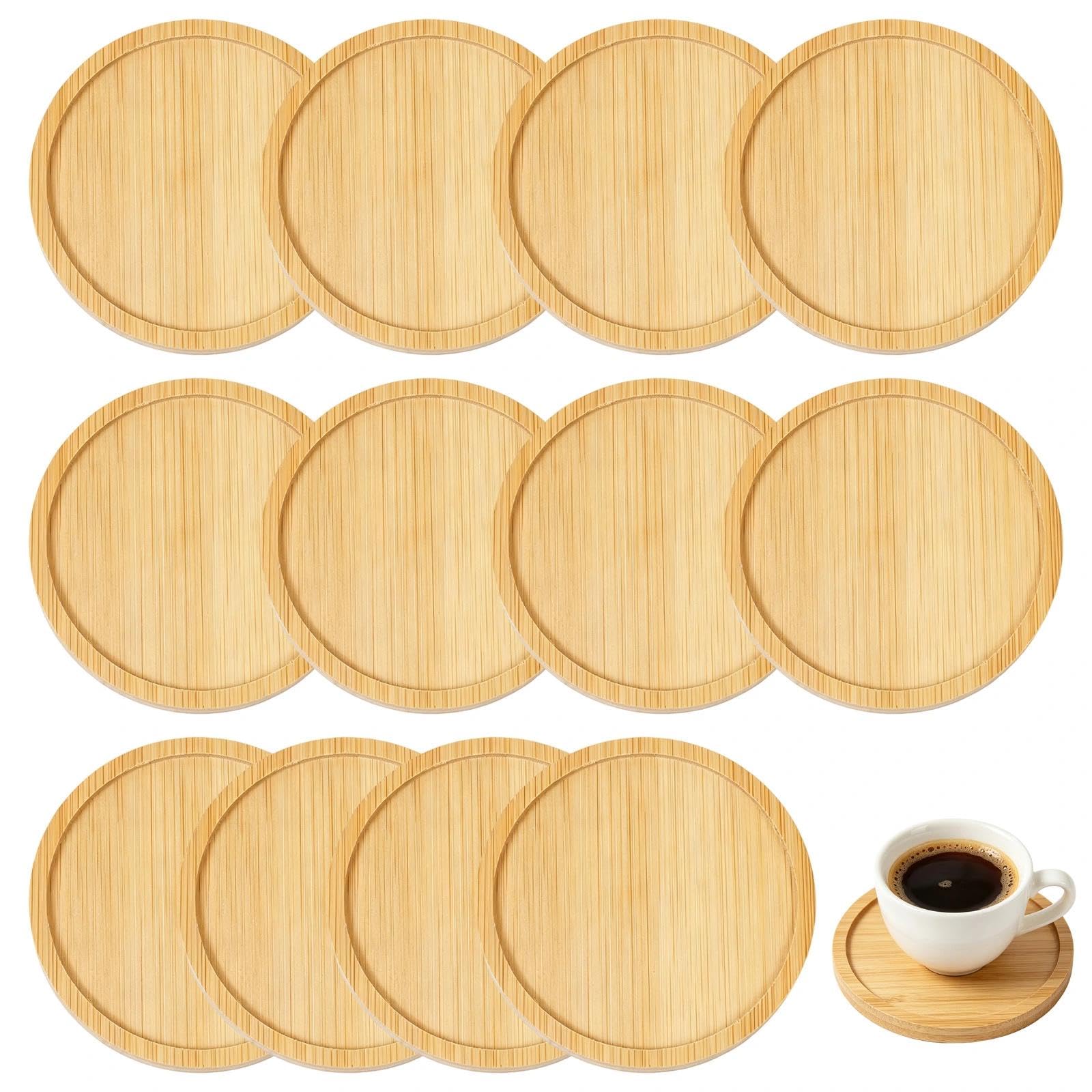12 Pcs Round Bamboo Coasters, 9.5cm Natural Wooden Drink Coasters with Raised Edge, Blank Base Trays for Cups Coffee Candles, Table Decoration and DIY Crafts, Home Kitchen Barware Accessories