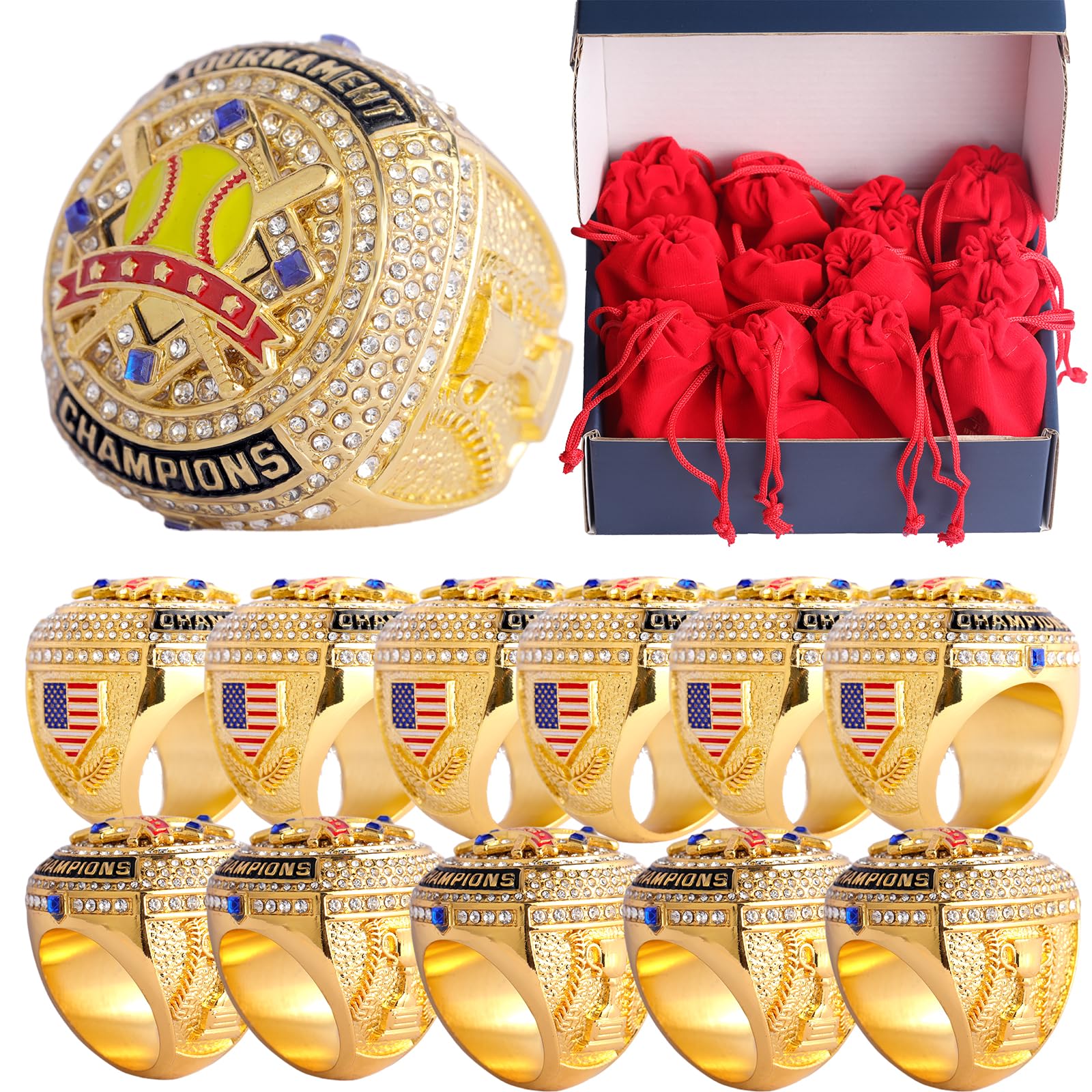 2 pcs Pack or 12 pcs Pack Softball Championship Trophy Ring Award Gift for Tournament Champion Team palyers Awards Trophy on Side Size 9.5