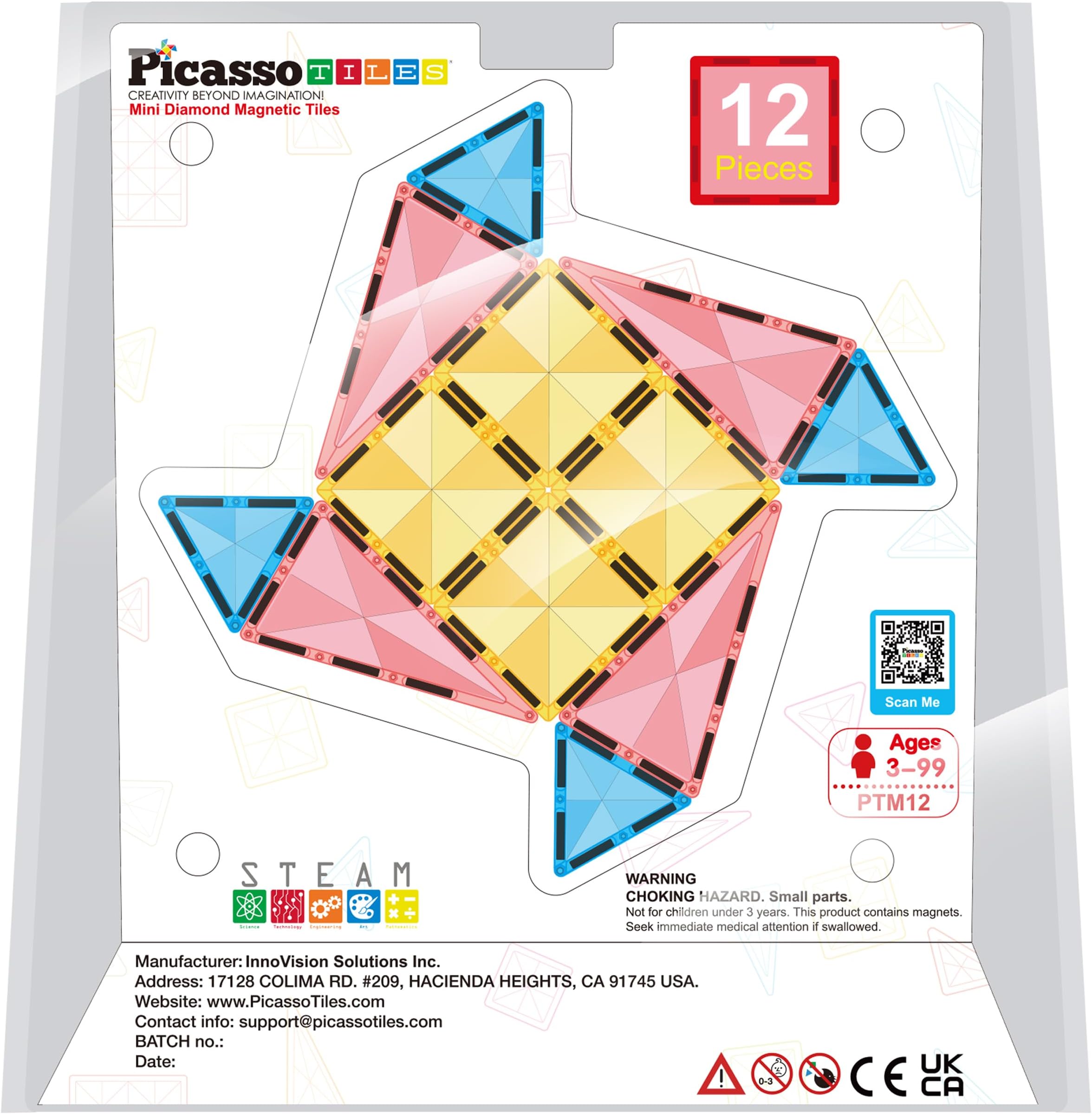 PicassoTiles Magnet Tile Building Blocks Mini Diamond Series Magnetized Toy Travel Size Compact Portable Magnetic Construction Block STEM Sensory Toy Early Education Learning Kids Ages 3+ PTM12