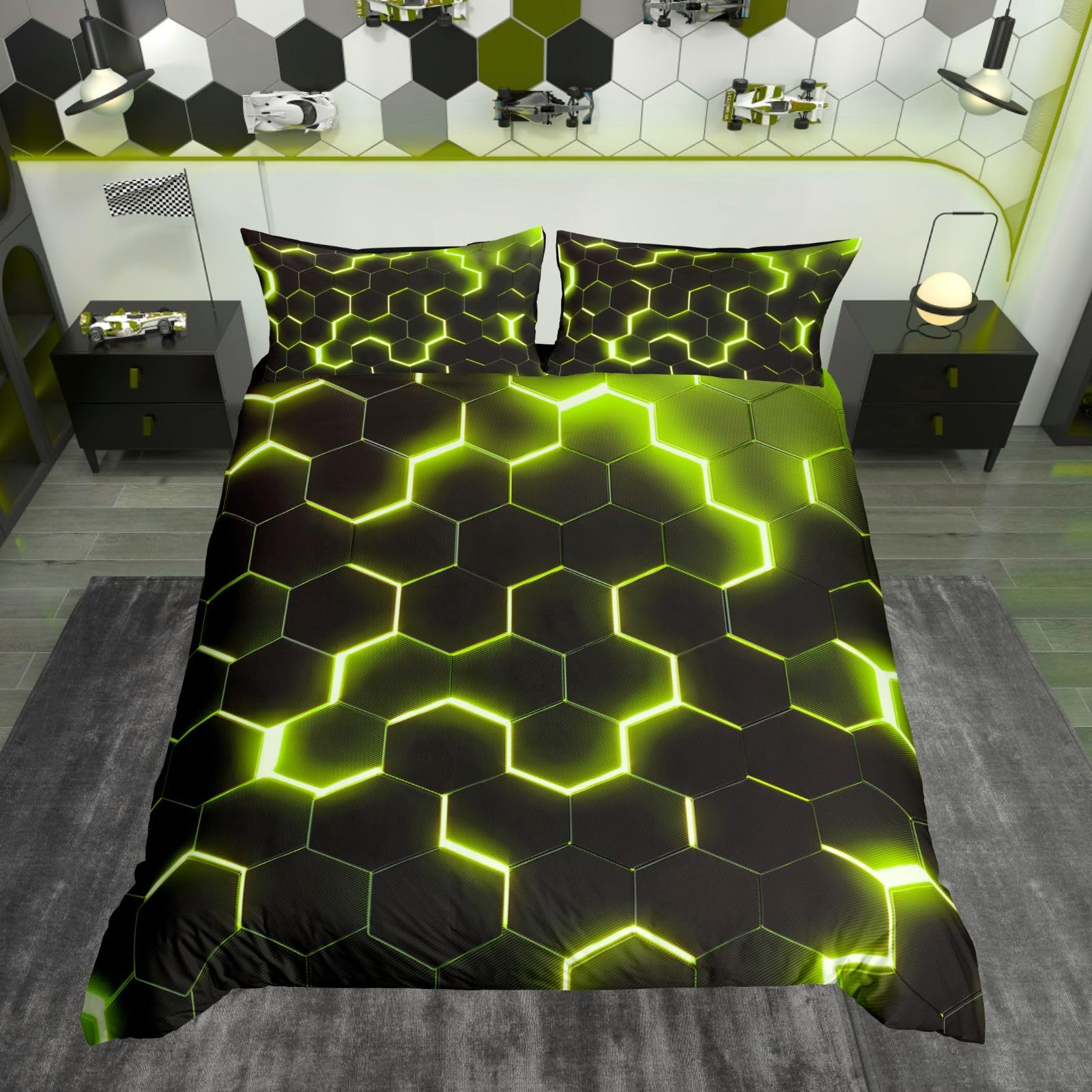 Boys Neon Green Black Bedding Set Super King Geometric Ombre Kids Comforter Cover Reversible Black, Honeycomb Duvet Cover Hexagonal Beehive Quilt Cover 2 Pillow Cases Home Room Decor
