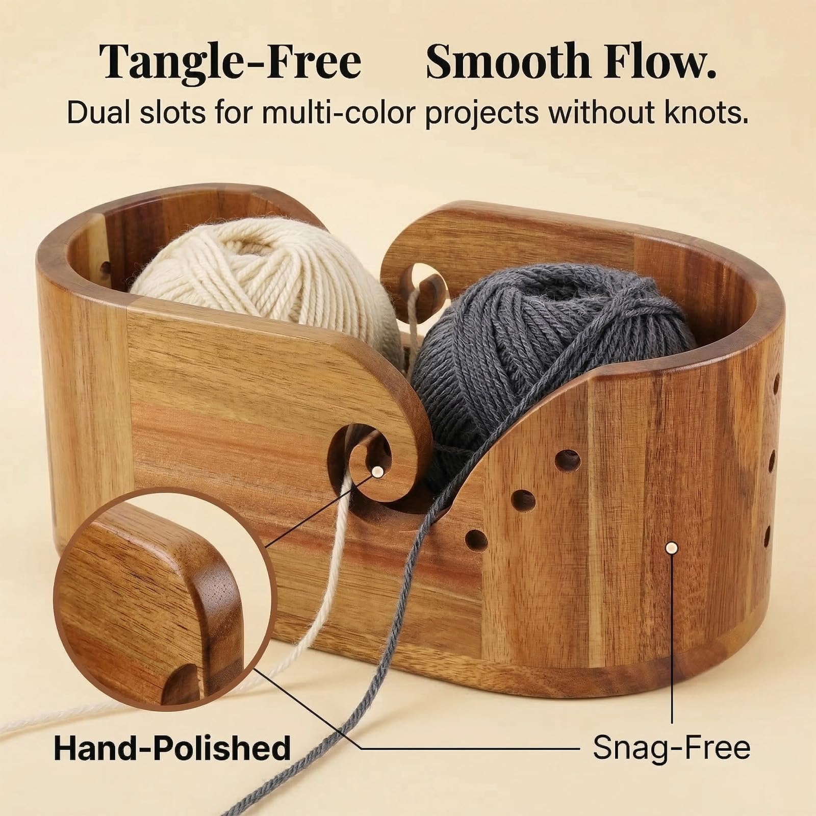 Cuenco de hilo para almacenamiento de ganchillo y tejido, diseño grande de madera con soporte para teléfono y tapa, doble ranura para rizar para un flujo suave antienredos, para artesanos