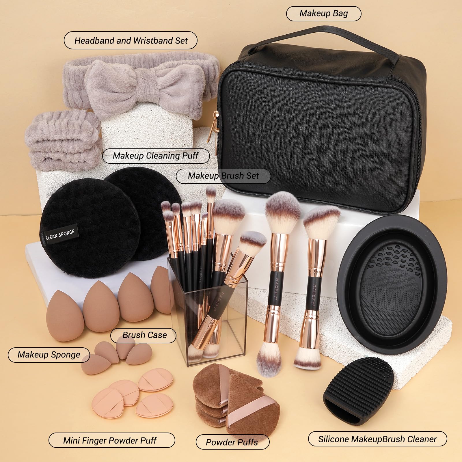 MAGEFY Set di pennelli da trucco multifunzione, 37 pezzi, con doppia estremità, per cipria, fard, ombretti, set di pennelli da trucco, colore oro nero