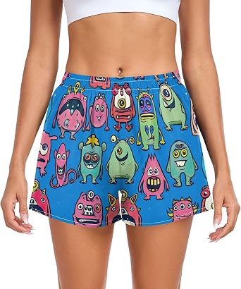 Joisal Cute Cartoon Monsters Blue Womens Running Shorts Clothes High Waisted Athletic Workout Shorts Pockets Stretch, Small