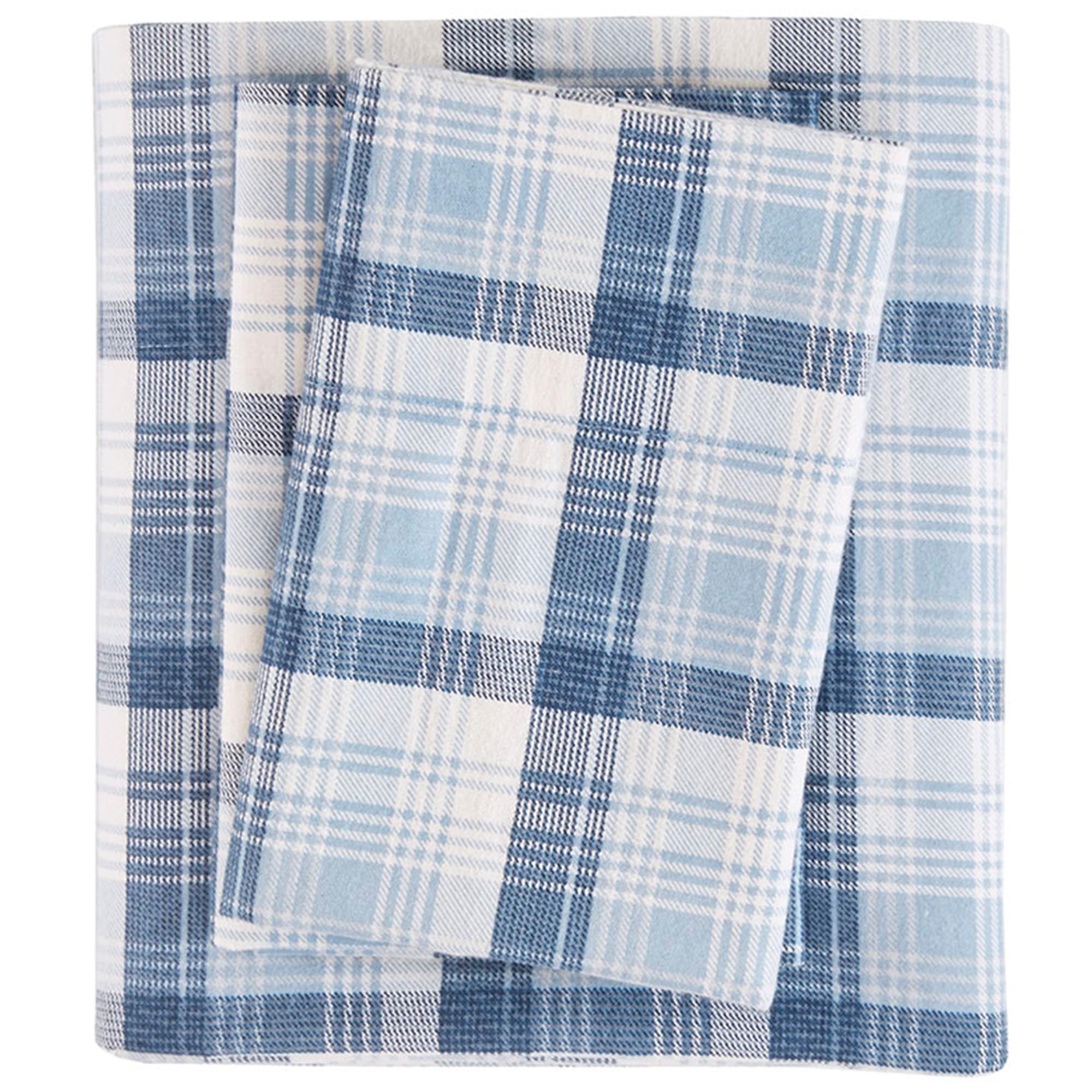 Woolrich Cotton Sheet Set Cottage Charms Print, 100% Cotton Flannel Sheets Warm & Fuzzy Bedding Set King Size Sheets, Fitted Pocket Fits Up to 14" Mattress, King Blue Plaid, 4 Piece