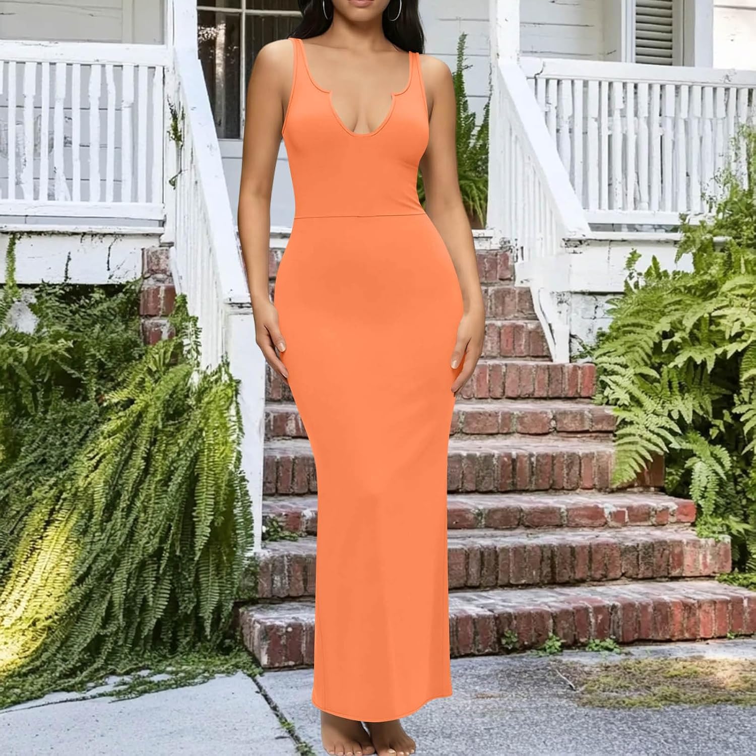 Women's Summer Bodycon Maxi Dress Casual Sleeveless V Neck Slim Fit Tank Dress Beach Vacation Long Dresses
