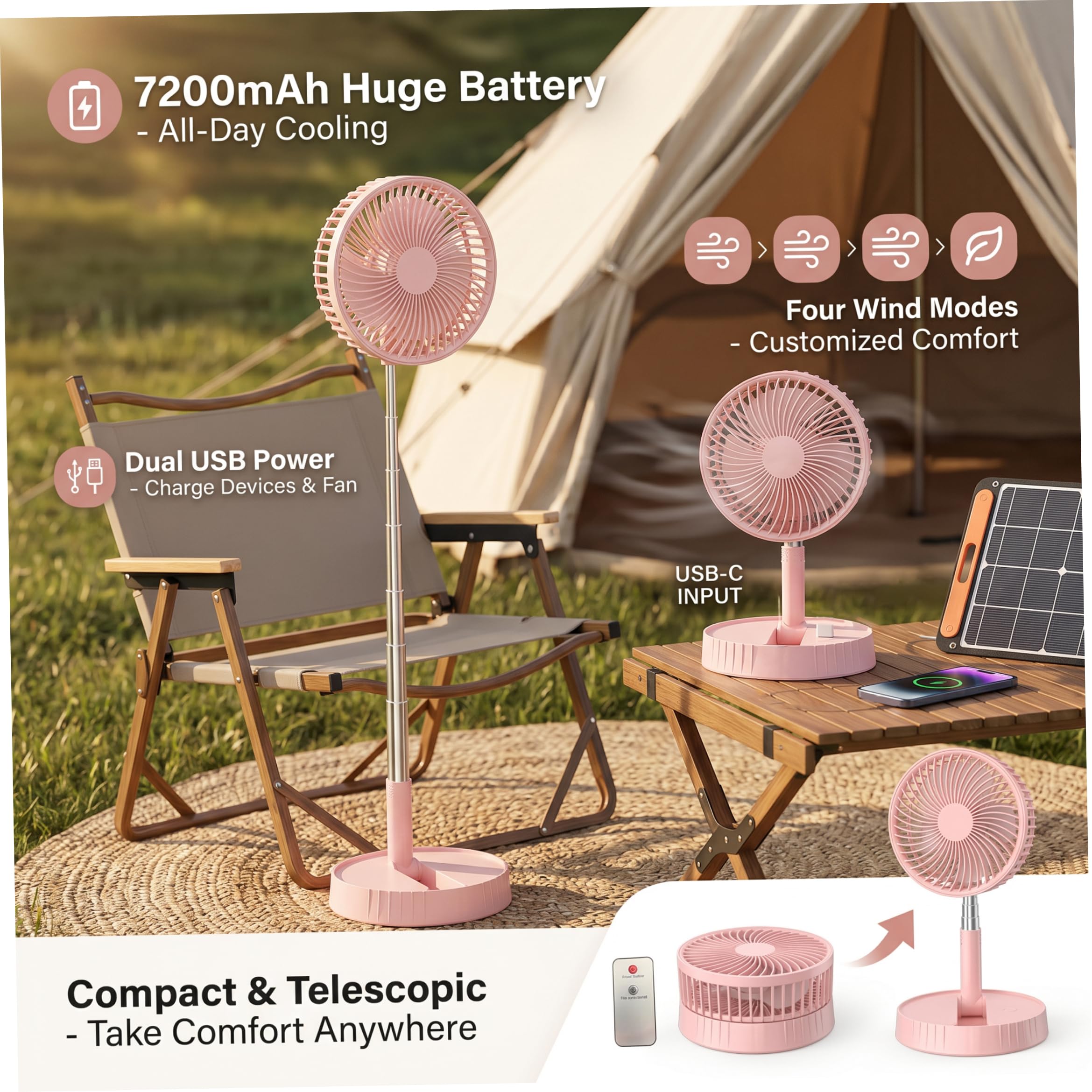 Ventilatore pieghevole, ventilatore da scrivania telescopico ricaricabile senza fili con 4 velocità e flusso d'aria a 360°, batteria da 7200 mAh, stile 2, piedistallo con telecomando