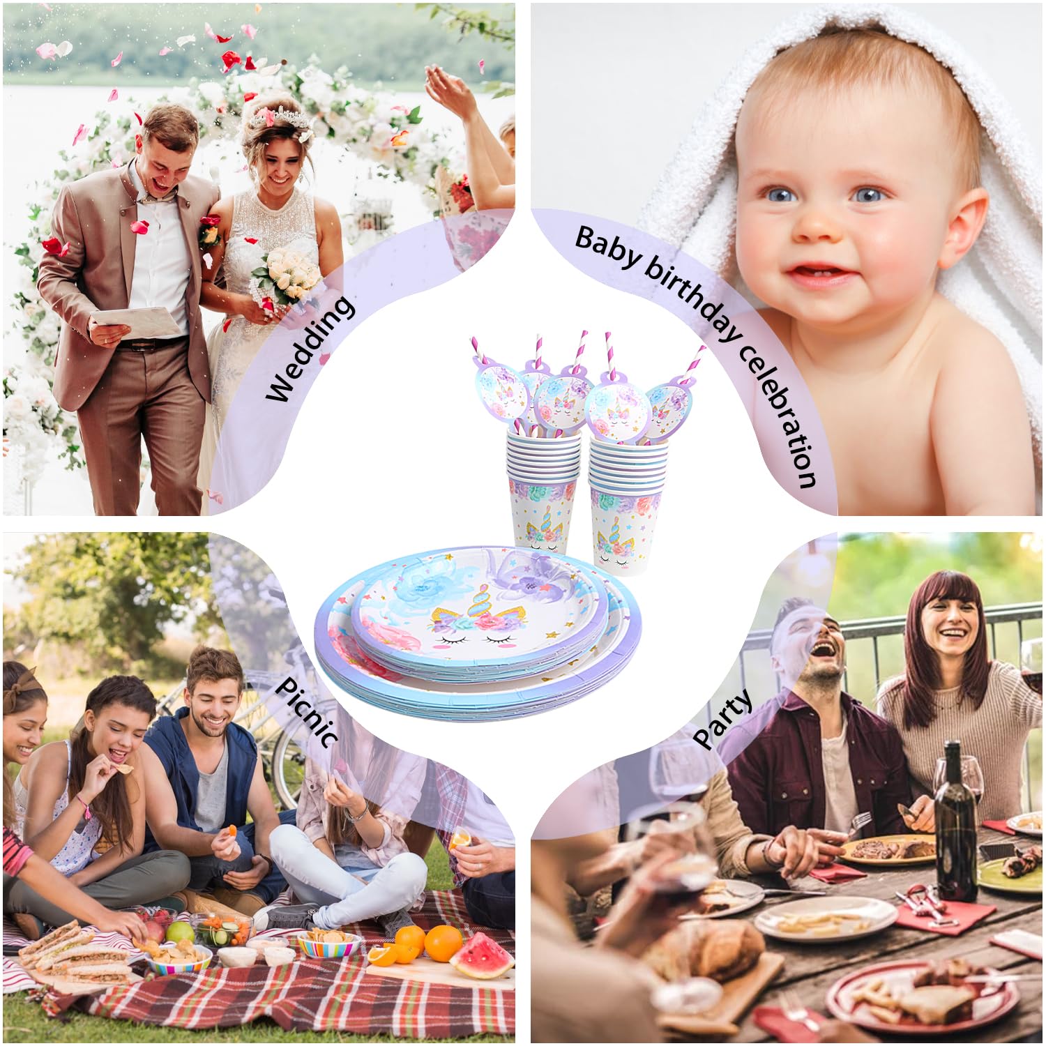 Set Stoviglie Unicorno Per Feste - 80 Pezzi Per 16 Ospiti Con Piatti, Bicchieri E Tovaglioli - Foto 2