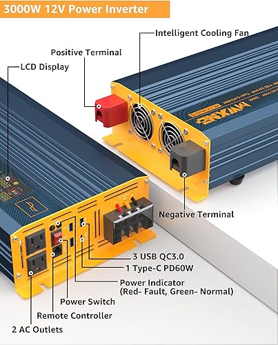 Miniatura 10 de Inversor de corriente de 1500 W/3000 W (pico), onda sinusoidal pura CC de 12 V a 110 V 120 V, convertidor de CA, 3 salidas de CA, inversores