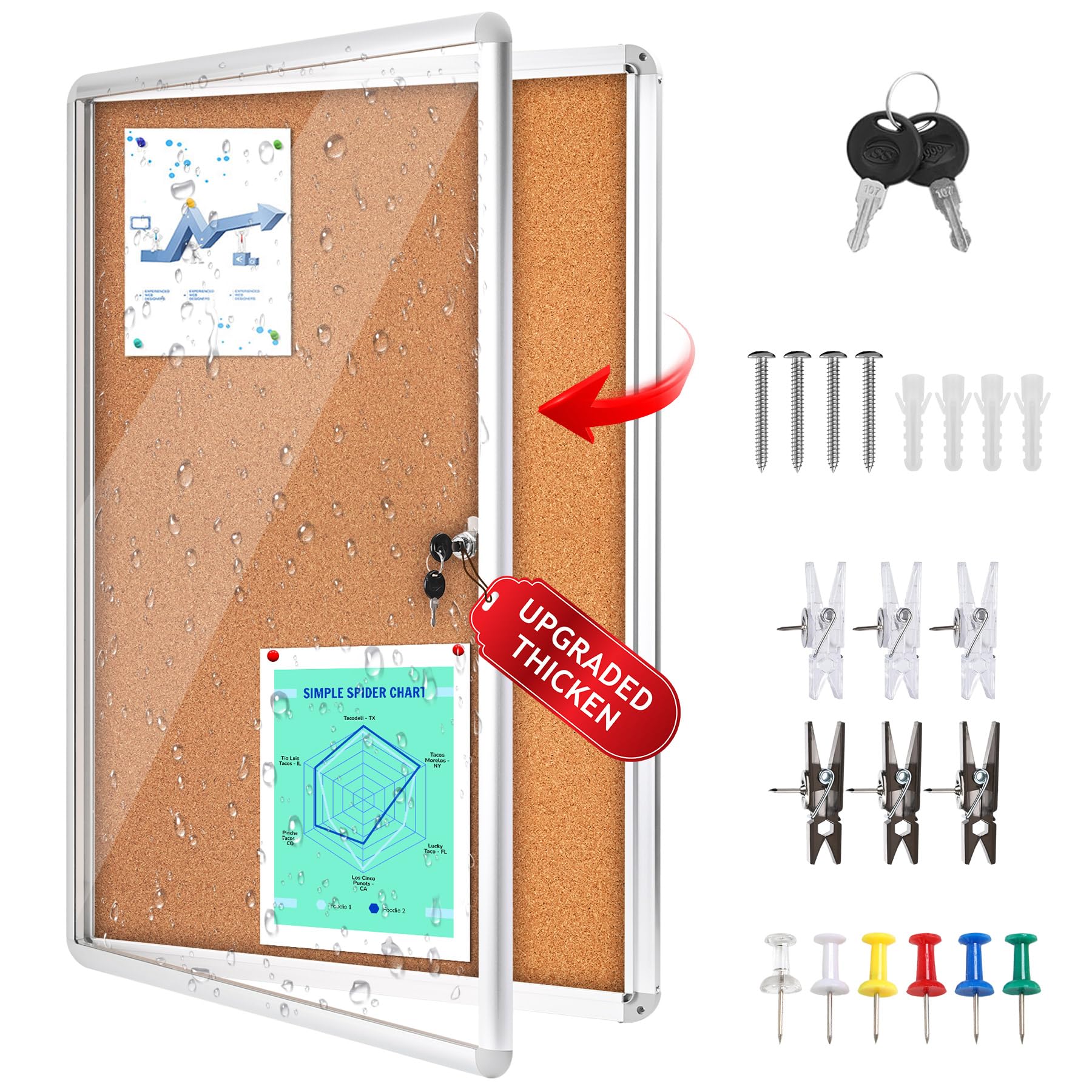 Tablero de anuncios de corcho cerrado de 36 x 24 pulgadas, a prueba de manipulaciones, tela marrón y marco de aluminio, tablero de anuncios con cerradura resistente a roturas con puerta acrílica