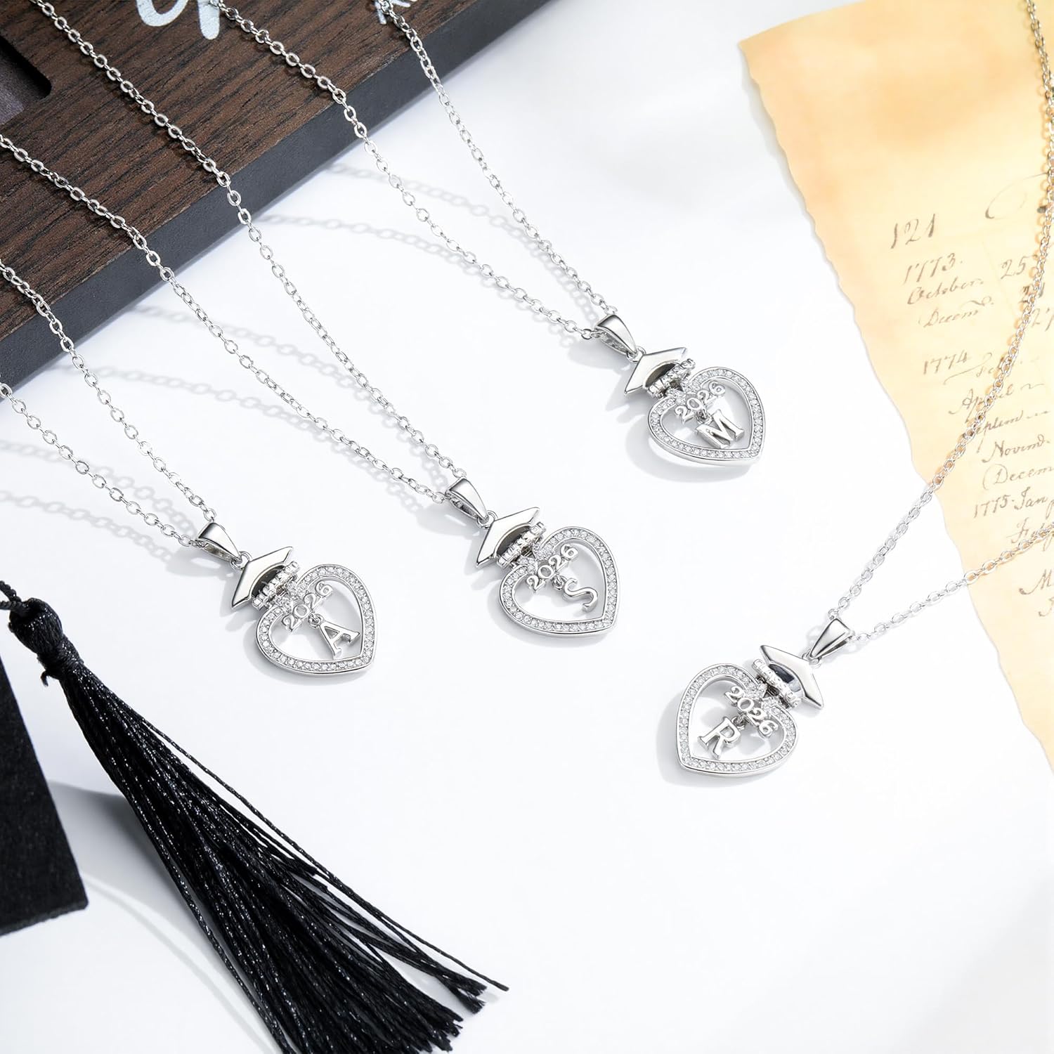 Turandoss Graduation Gifts for Her 2026-14K White Gold Plated Initial Necklace Dainty CZ Heart Pendant Silver Initial Necklaces for Women Friends Class of 2026 Friendship Graduation Gifts for Her