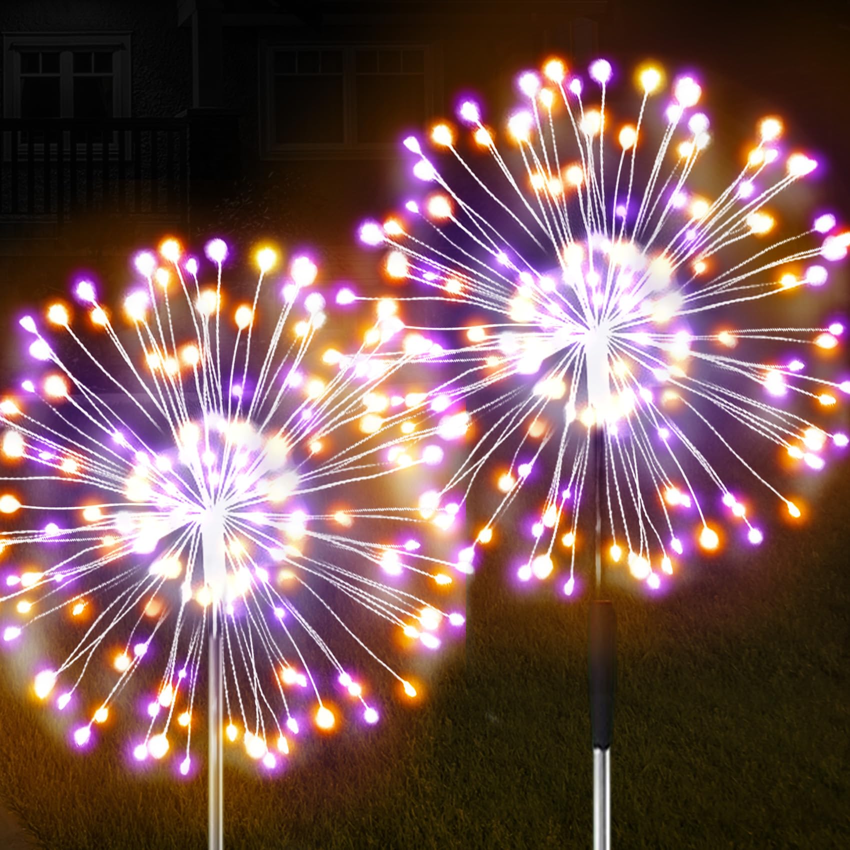 Solar Firework Lights, 2 Pack 120 LEDs 2 Lighting Modes Solar Garden Lights Outdoor Waterproof for Yard Patio Walkway Pathway Party Wedding Christmas Decorative - Orange and Purple
