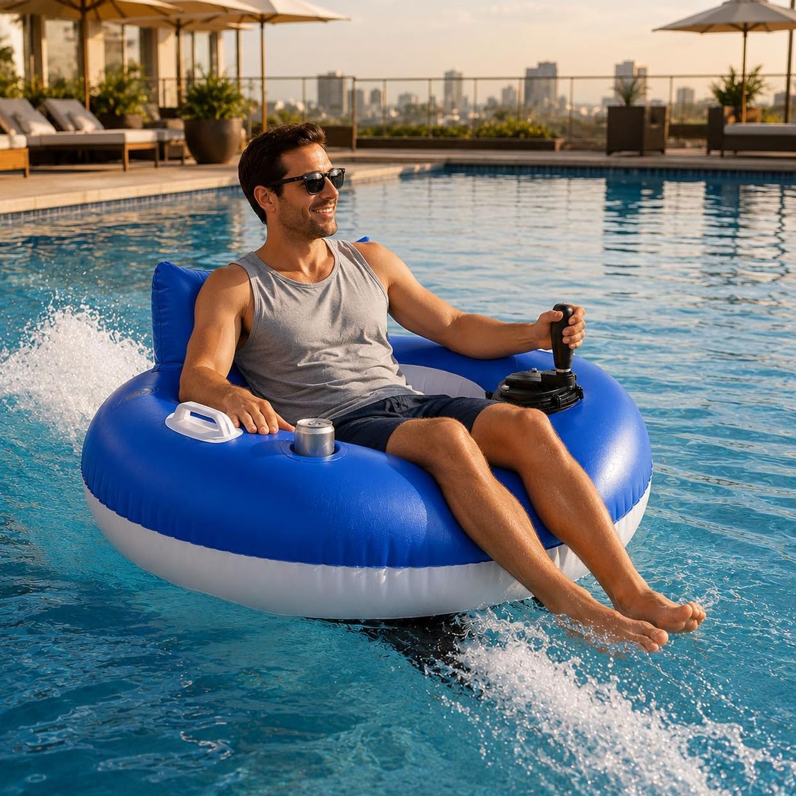 Motorisierter Pool-Schwimmer mit Getränkehalter, wiederaufladbare motorisierte Schwimmer für Erwachsene & Jugendliche, schwere motorisierte Schwimmreifen mit Rückenlehne, für Party, Urlaub, Poolparty