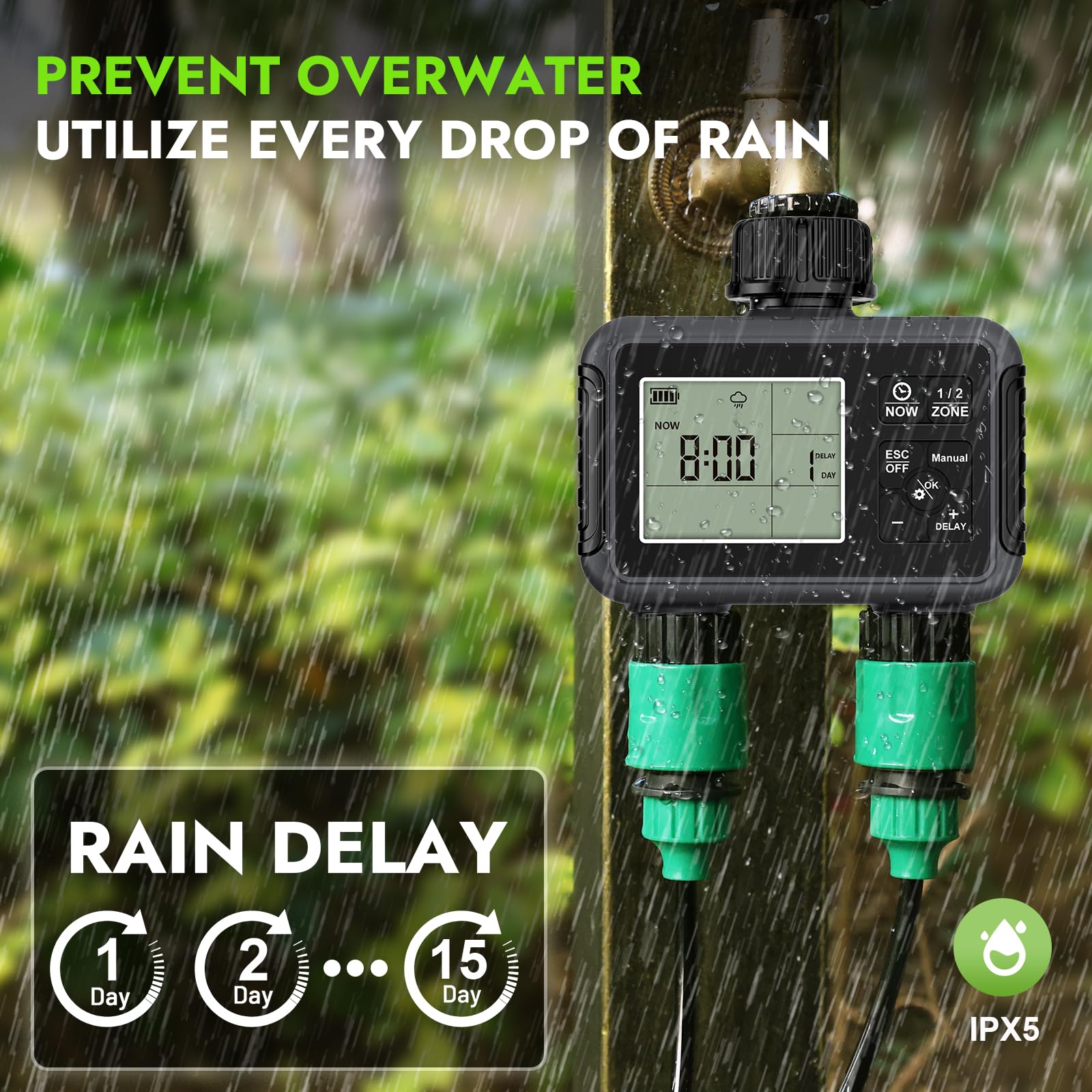 Haozee Ordenador de riego de 2 salidas, temporizador de riego de jardín con retardo de lluvia/modo automático y manual, IPX5 resistente al agua/pantalla LCD grande control de riego