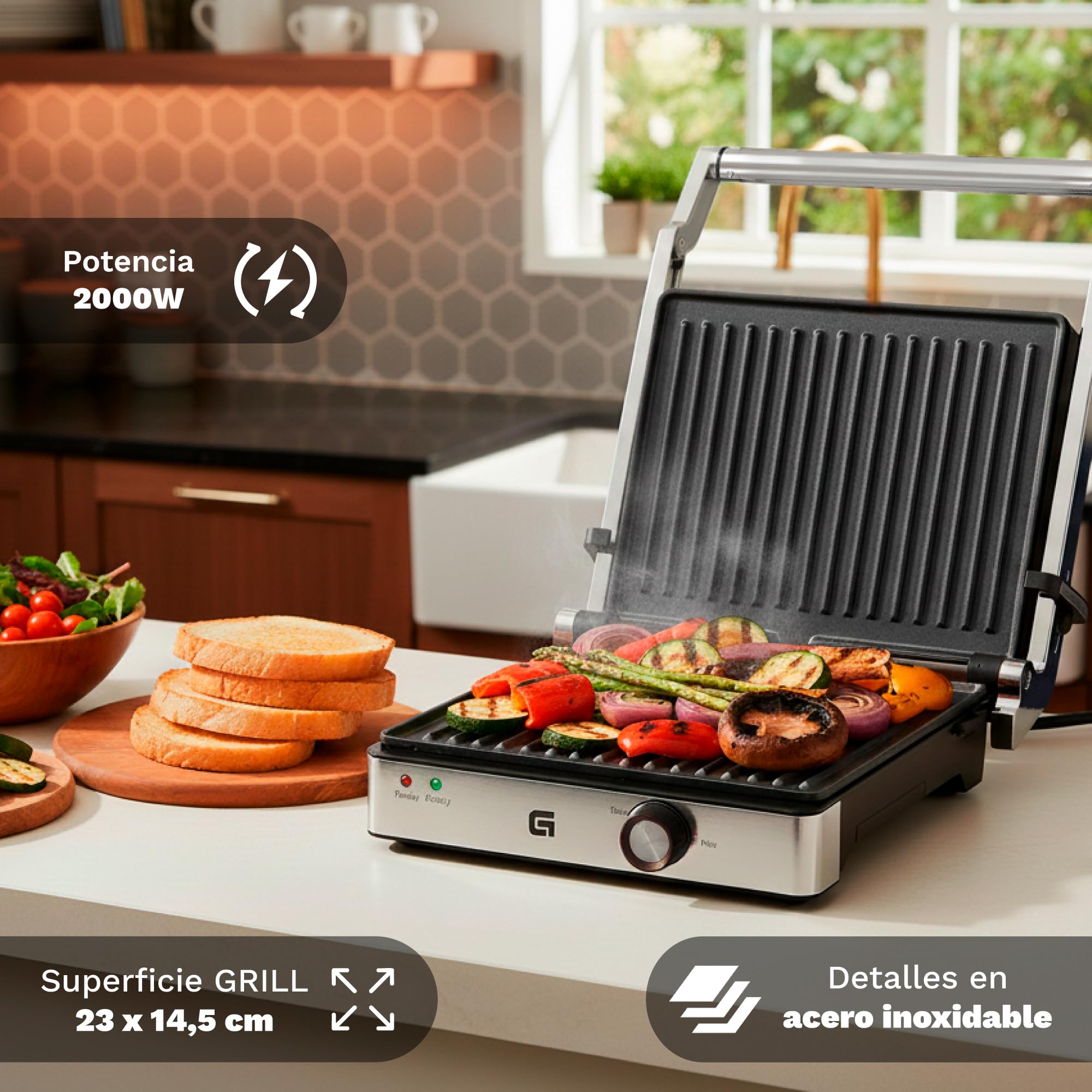 Parrilla grill eléctrica Grunkel 1000-2000W forma parilla barbacoa dos dimensiones, Antiadherente con Apertura 180° (2000W Grande)