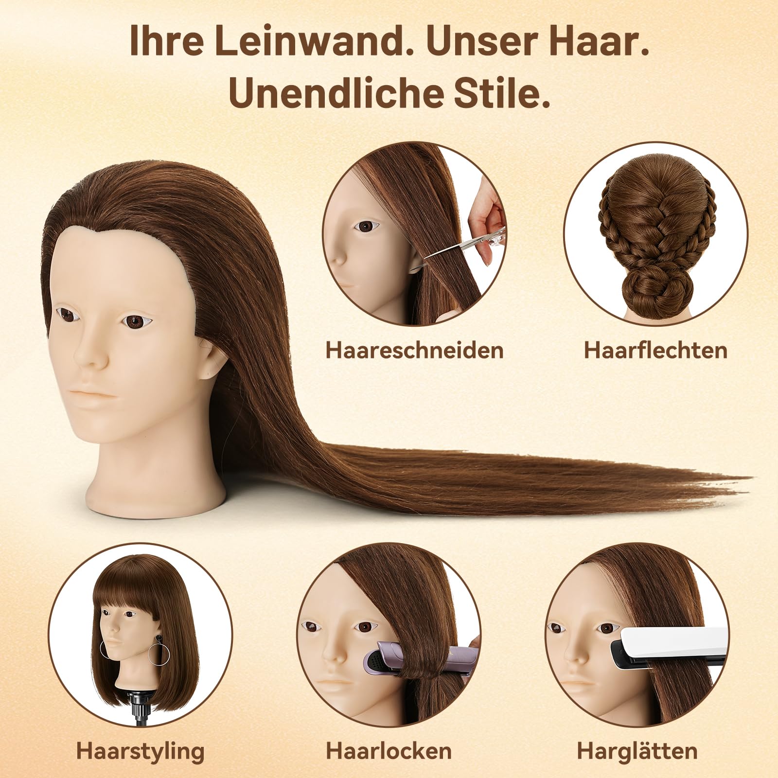 TwoWin 60 cm Frisierkopf 80% Echthaar, 24 Zoll Übungskopf Friseur | Friseurkopf Übungskopf Trainingskopf Friseur für Friseure für Styling & Friseurpraxis mit DIY Haarstyling Set (Braun)