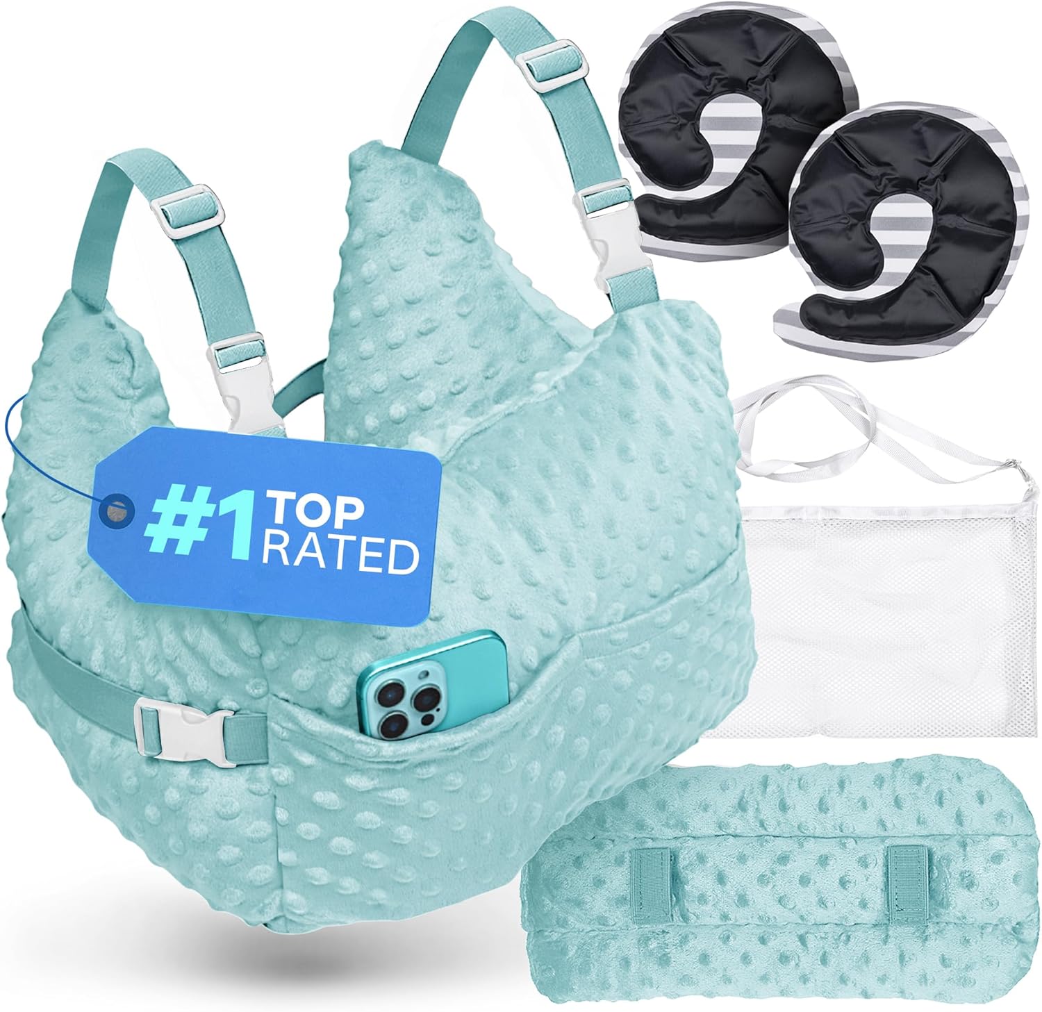 Zomaple Post Mastectomy Pillow with Strap, Breast Gel Pack, Seat Belt Cover &amp; Shower Lanyard, Aqua &ndash; Hands-Free Wear, Hot/Cold Comfort &amp; Secured Cushion&ndash; Made for Mastectomy Recovery Support