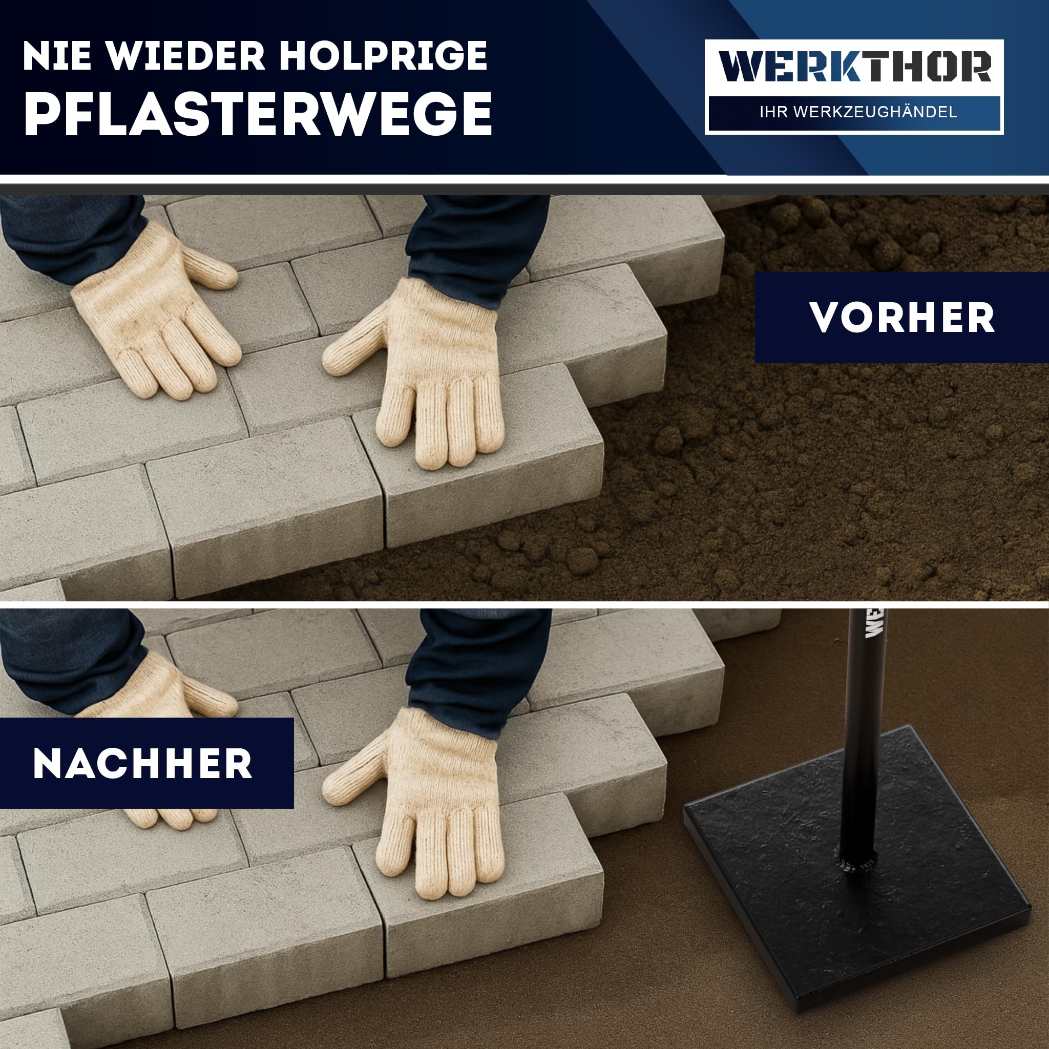 WERKTHOR Costipatore Manuale 11,5 kg in Acciaio – Compattatore Terreno Manuale con Piastra 20x20 cm e Manico T 83 cm – Strumento per Compattare Terra, Asfalto e Ghiaia