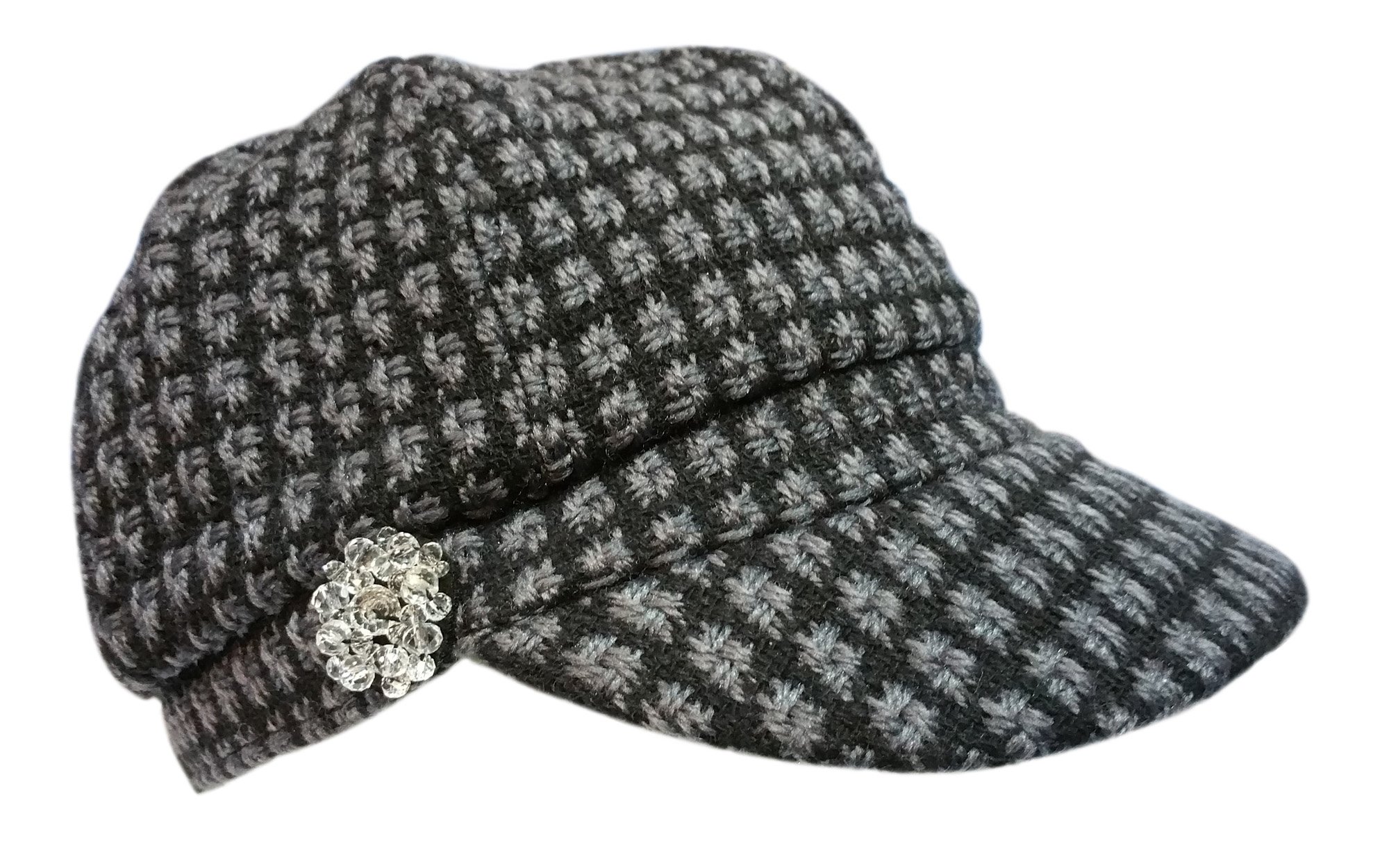 I-Smalls Women's Charcoal/Black Annie Basket Weave Bakerboy Hat With Jewel Trim (Grey)