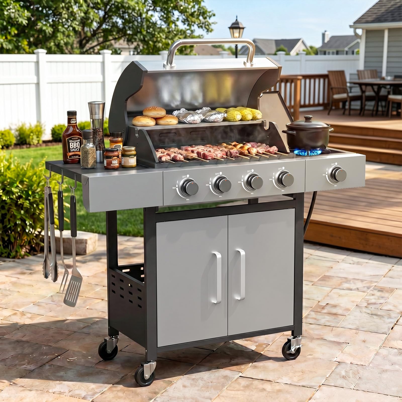 Aoxun Outdoor Garden Gas Barbecue Cart, 4+1 Burner Gas Grill Including Side Burner, Warming Shelf, Side Worktop, Lockable Storage Compartment & Brake Casters, Perfect for Patio, Backyard, With hooks — image 1