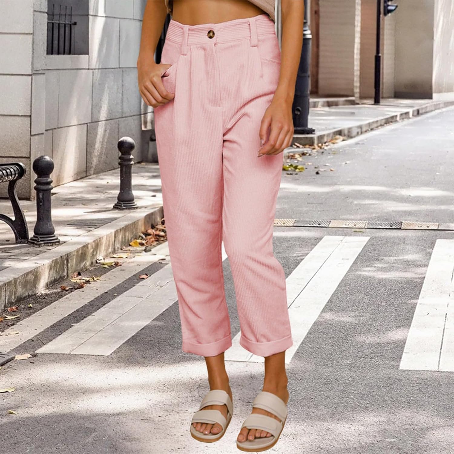 Women Corduroy Pants Casual Buttoned Waist Straight Leg Pants Stretchy Business Trousers with Pockets - Image 2