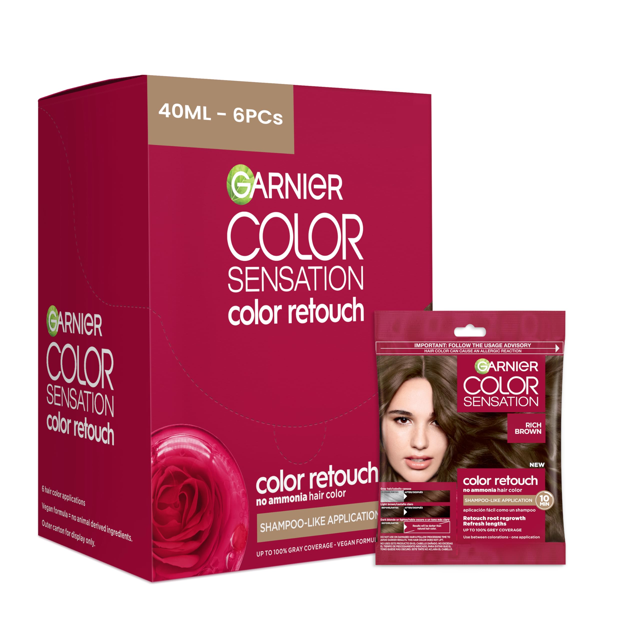 Garnier Color Sensation Color Retouch, Demi Permanent Hair Dye for Roots with 100% Gray Coverage, Rich Brown Hair Dye 6.0, Pack of 6 (Packaging May