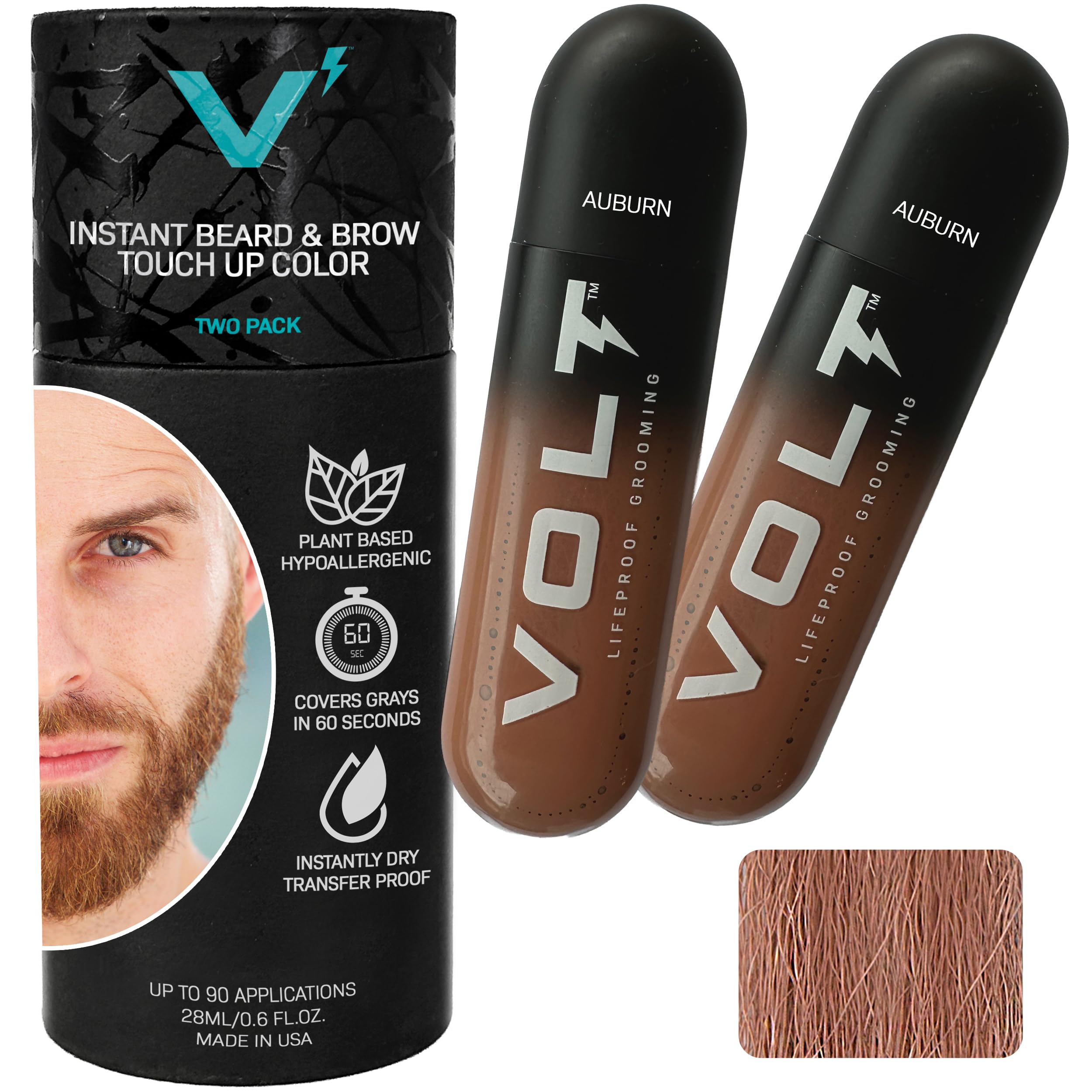 VOLT Grooming Temporary Instant Beard Color ECO 2 Pack Refill - Quick Drying Plant Based Hypoallergenic Brush on Color for Beards, Mustaches, and Eyebrows, Auburn (Red)