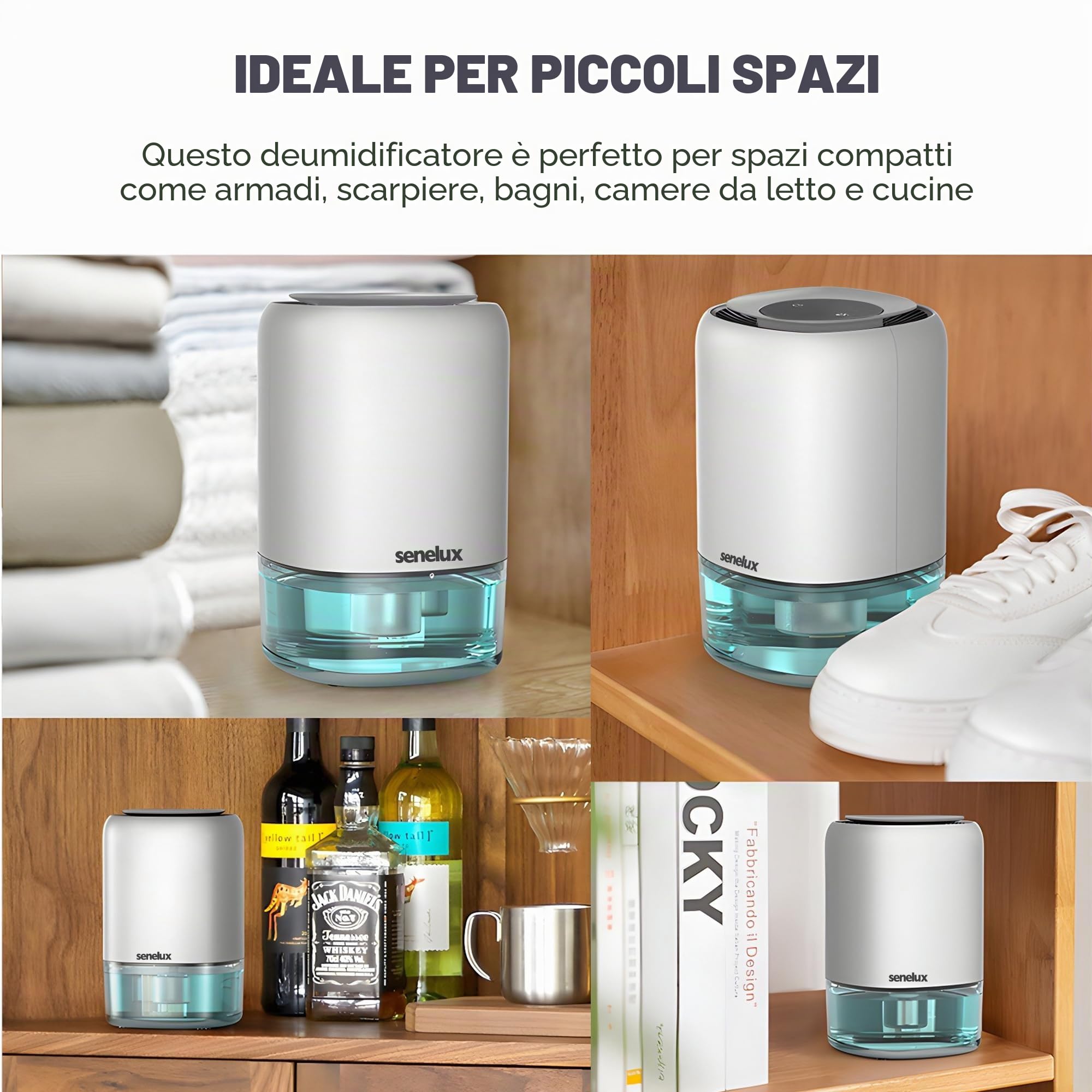 Senelux Deumidificatore elettrico 1100 ml per casa umida, piccolo portatile con 7 luci colorate, asciugatore vestiti, muffa, armadio, spegnimento automatico