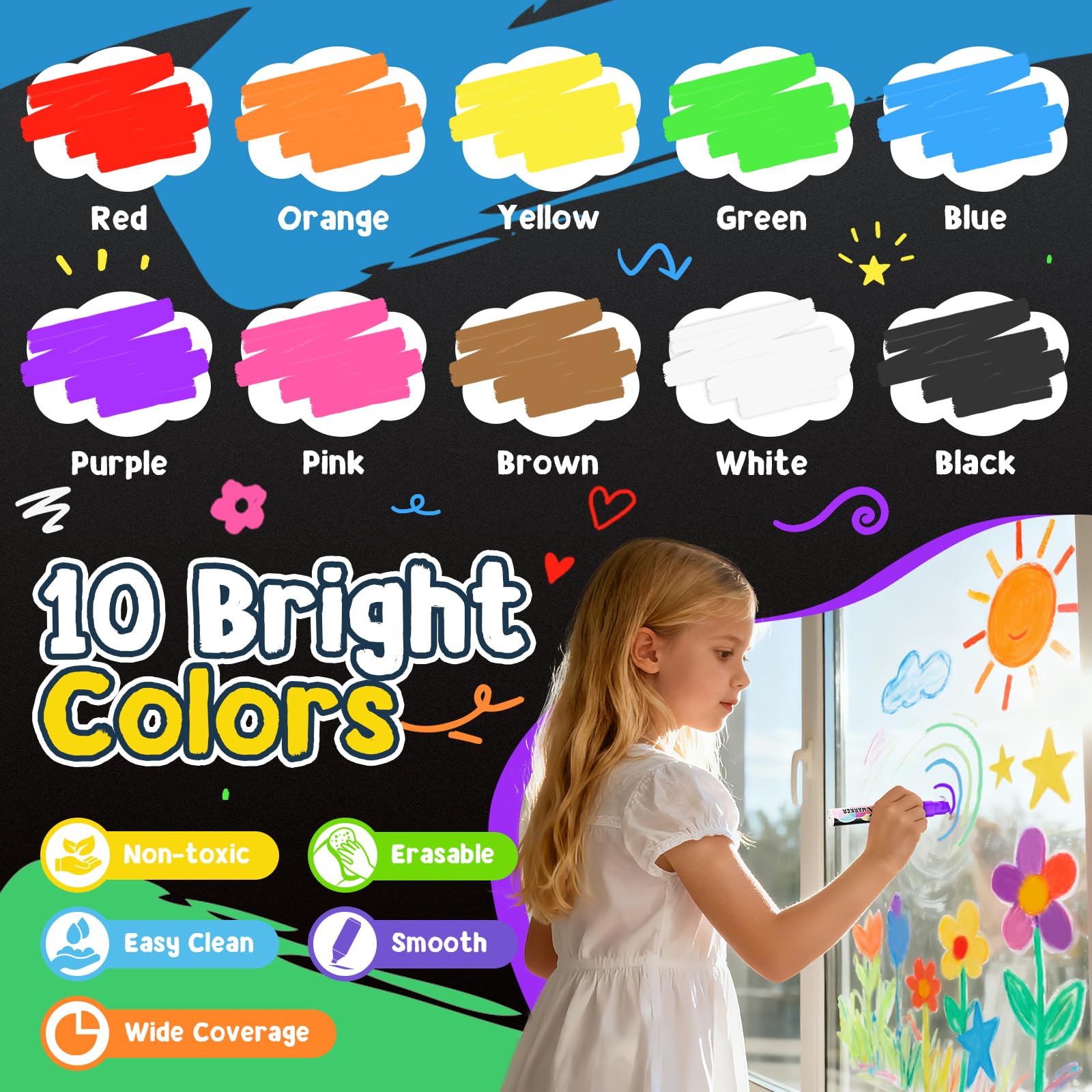 Lenski 10 Kreidestifte für Tafel Abwaschbar, 10MM Kreidestifte für Fenster, Einschulung Mädchen, Schultüte Füllung, 3-in-1 Spitze Kreidemarker Fensterstifte, Whiteboard Marker Stifte Kinder