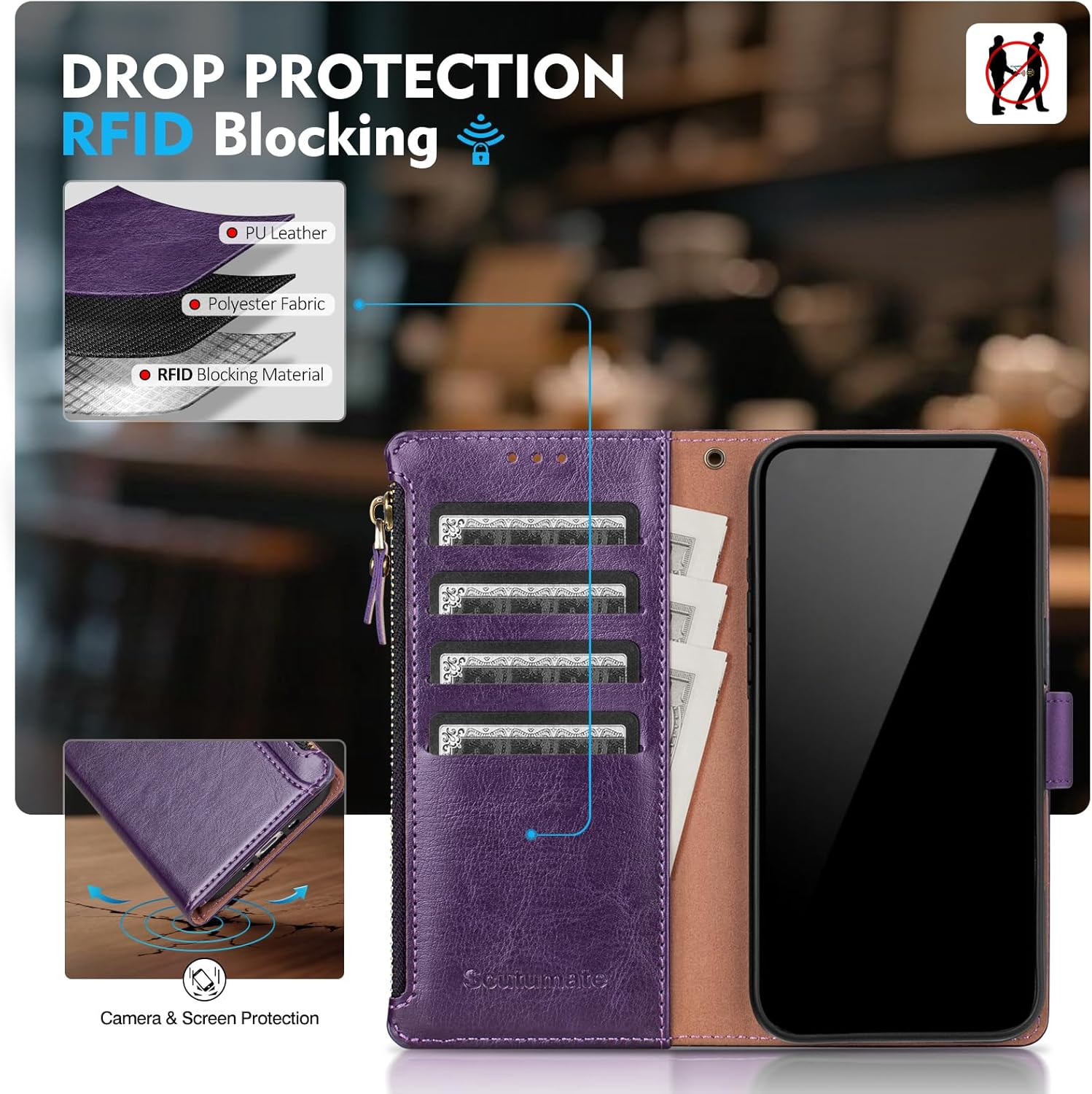 Compatible with Samsung Galaxy S24 Ultra 5G Wallet Case with Card Holder RFID Blocking Zipper PU Leather Phone Case Flip Protective Cover Wrist Strap Credit Card Slots Men Women,Dark Purple - Image 3