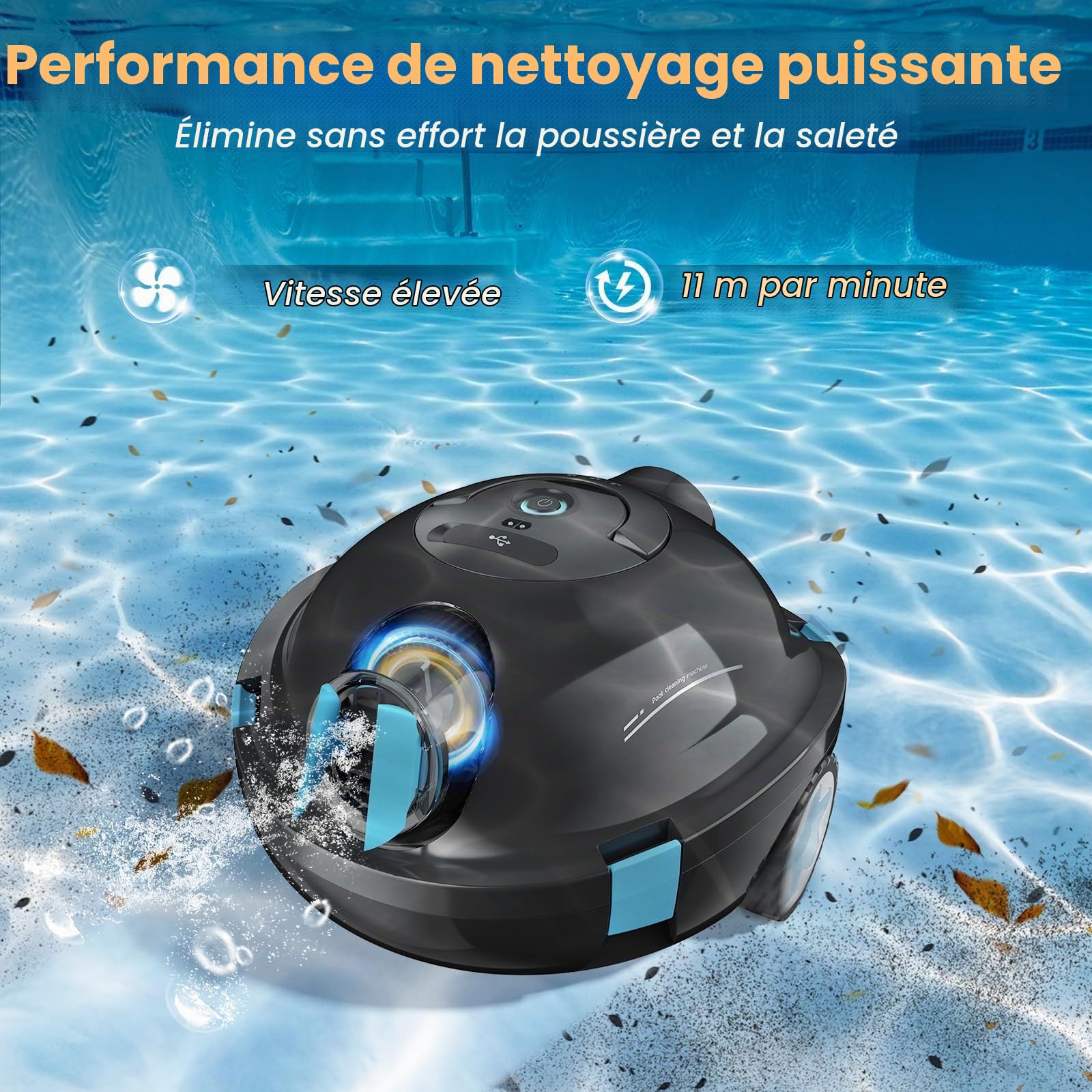 Robot Piscine, Robot Piscine sans Fil Y10 | Aspirateur Automatique et Puissant, 130 Minutes d'Autonomie & Auto-Stationnement, Conçu pour Bassins Enterrés et Piscines à Fond Plat jusqu'à 110 m²(Noir)