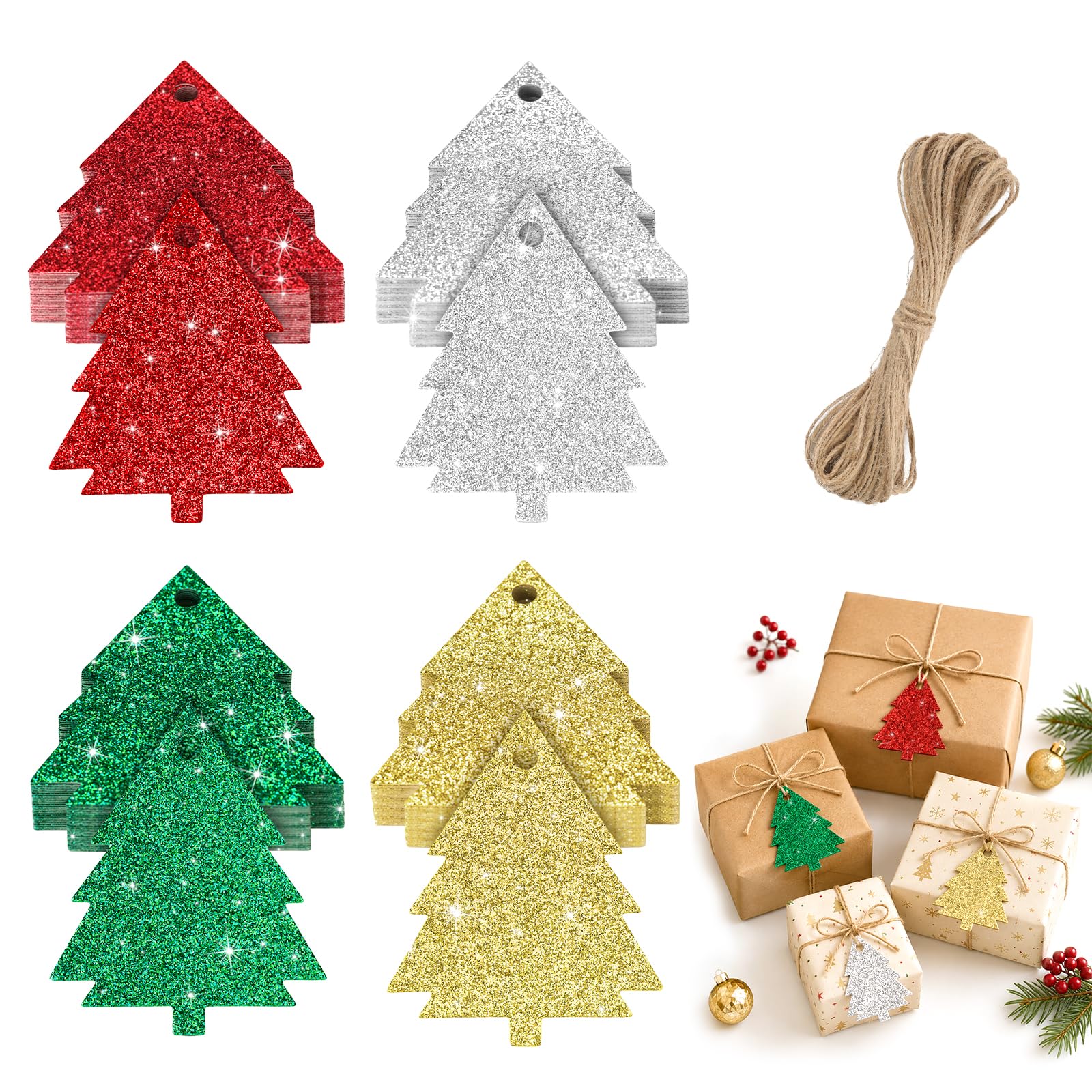 KINGLAKE 40PCS Glitter Gift Tags with String, Christmas Tree Shape Tag