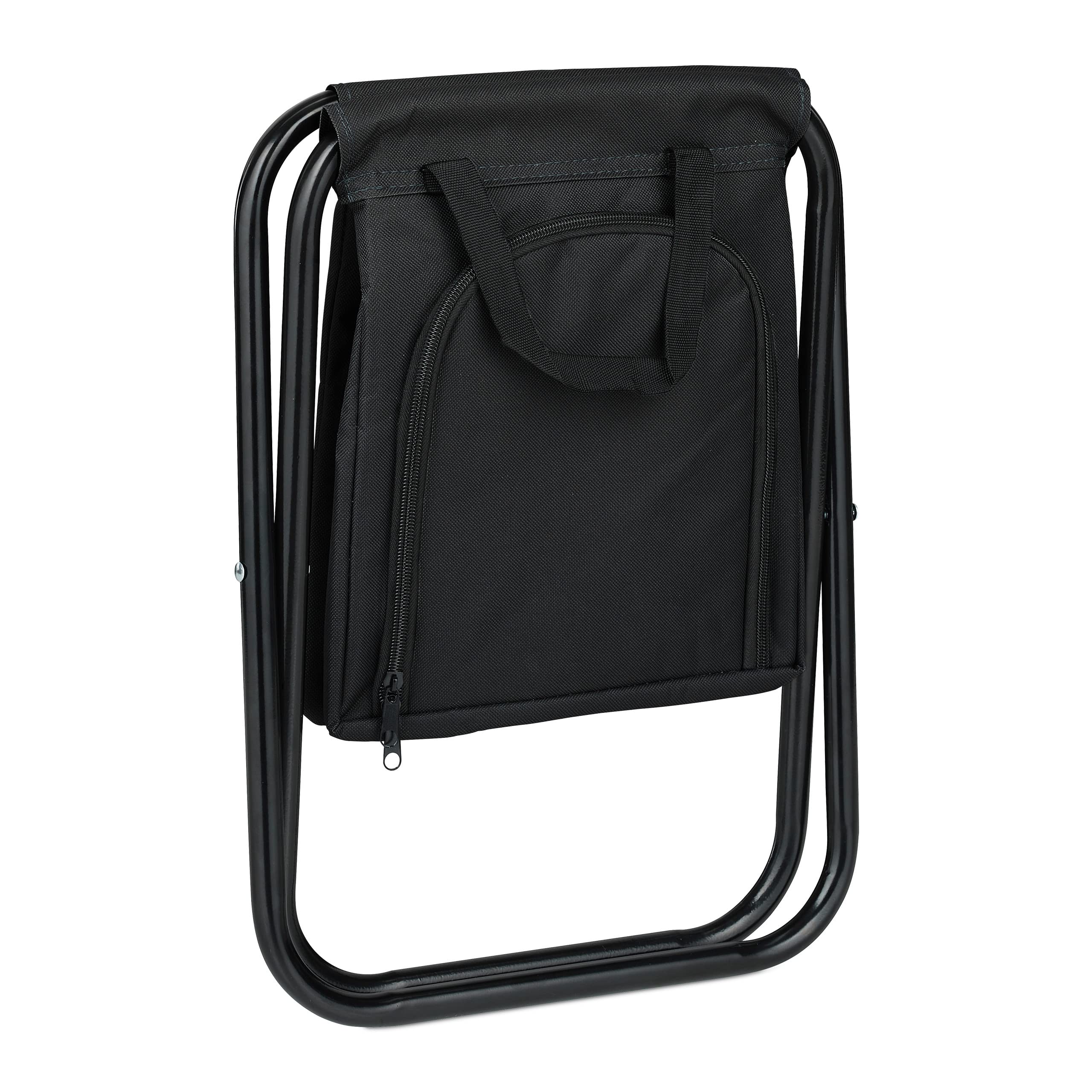 Relaxdays Taboret kempingowy z torbą chłodzącą, składany i przenośny, 100 kg, stołek składany do podróży, wys. x szer. x gł.: 34 x 32 x 26 cm, czarny
